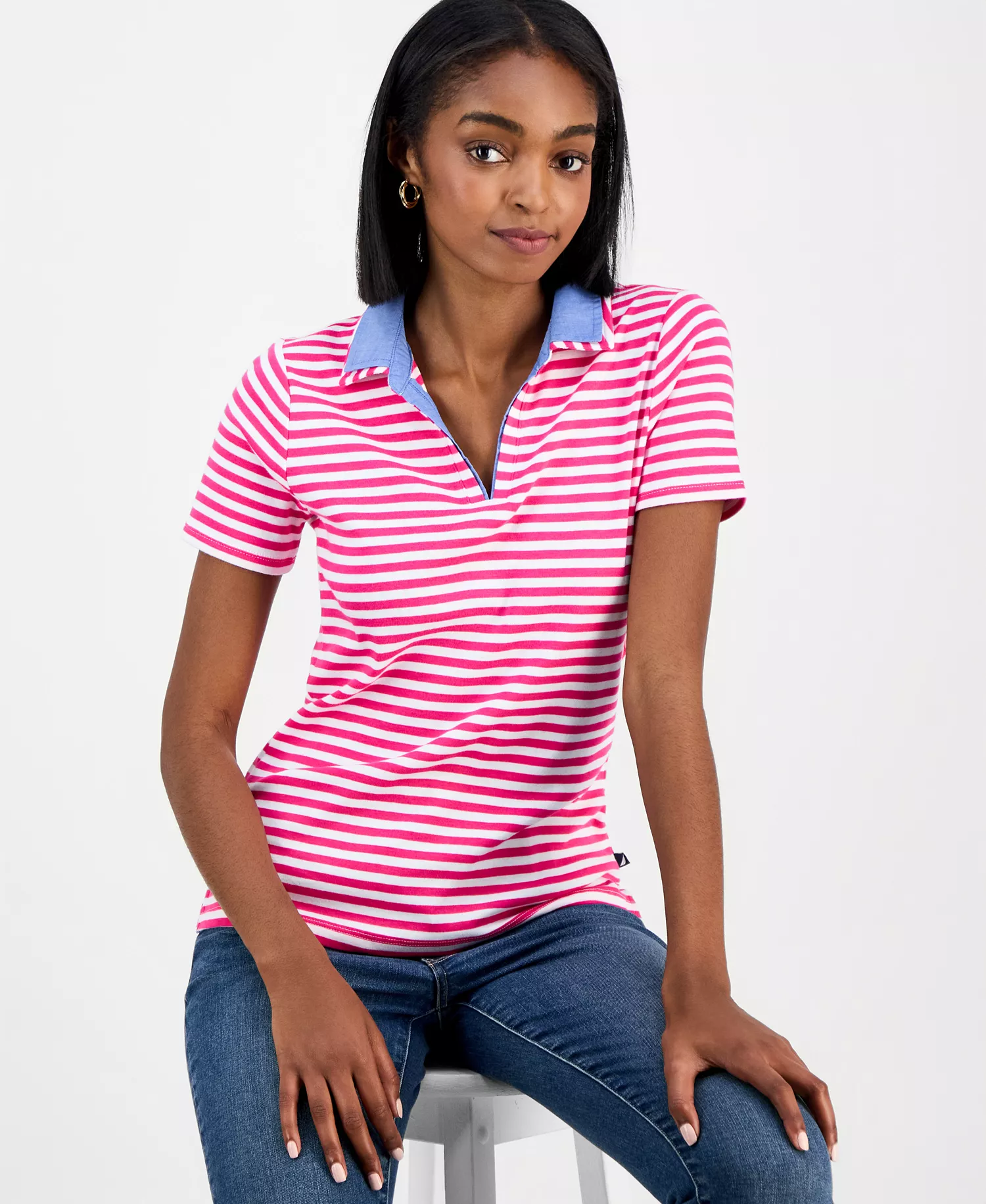 Nautica Women's Cotton Double-Collar Polo T-Shirt - Aster Pink/bright White - L