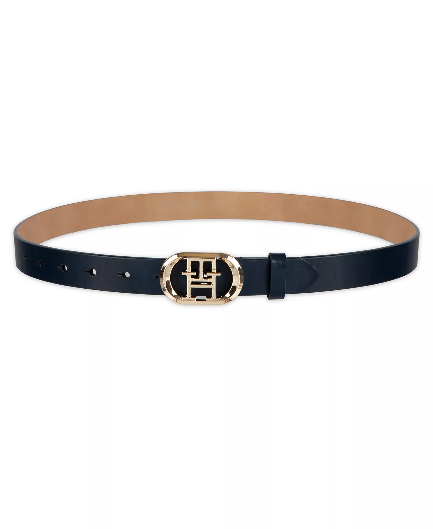 Women's Rounded Monogram Plaque Buckle Dress Belt - Navy - L