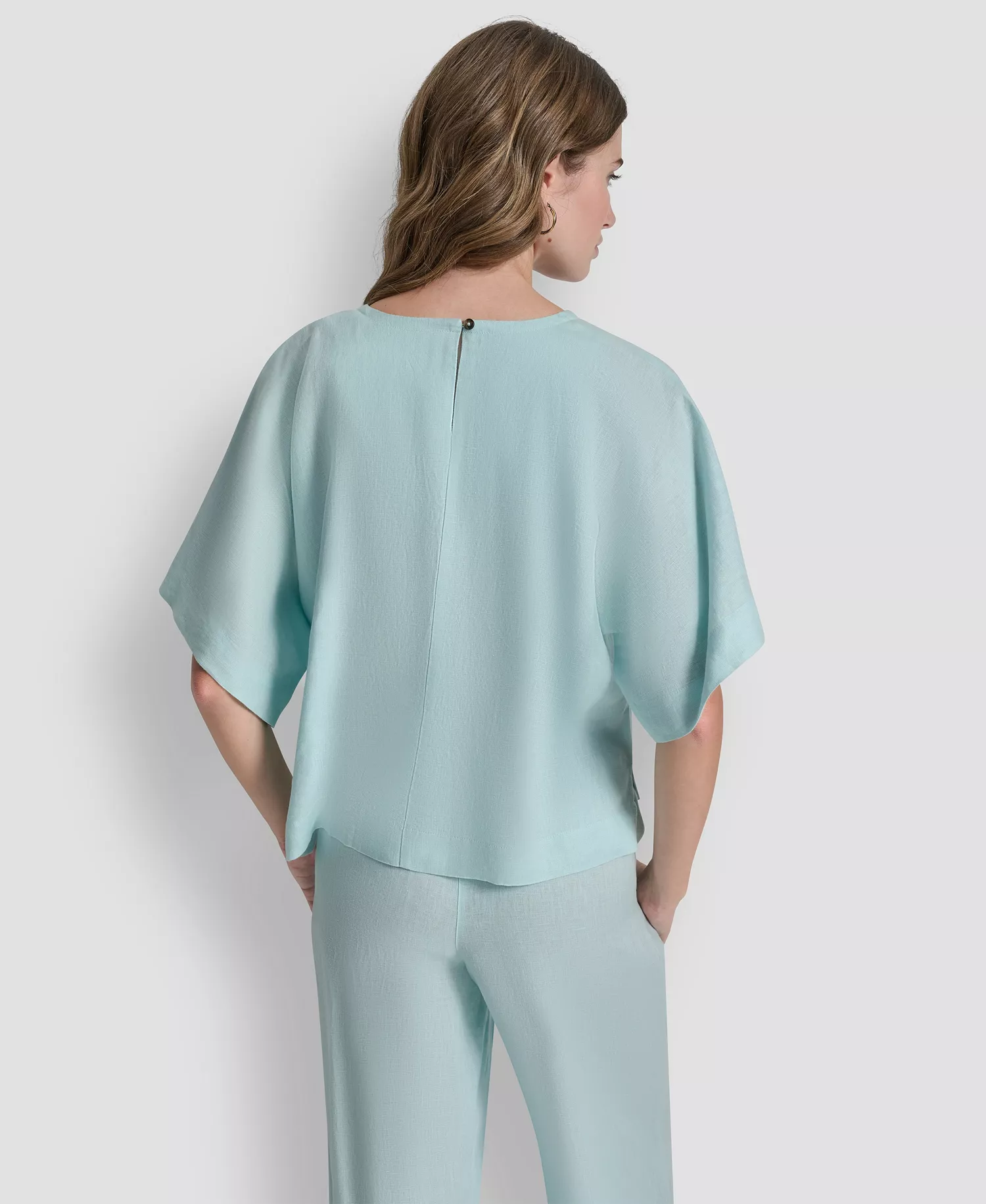 Women's Linen Drop Shoulder Short-Sleeve Top - Aqua - L