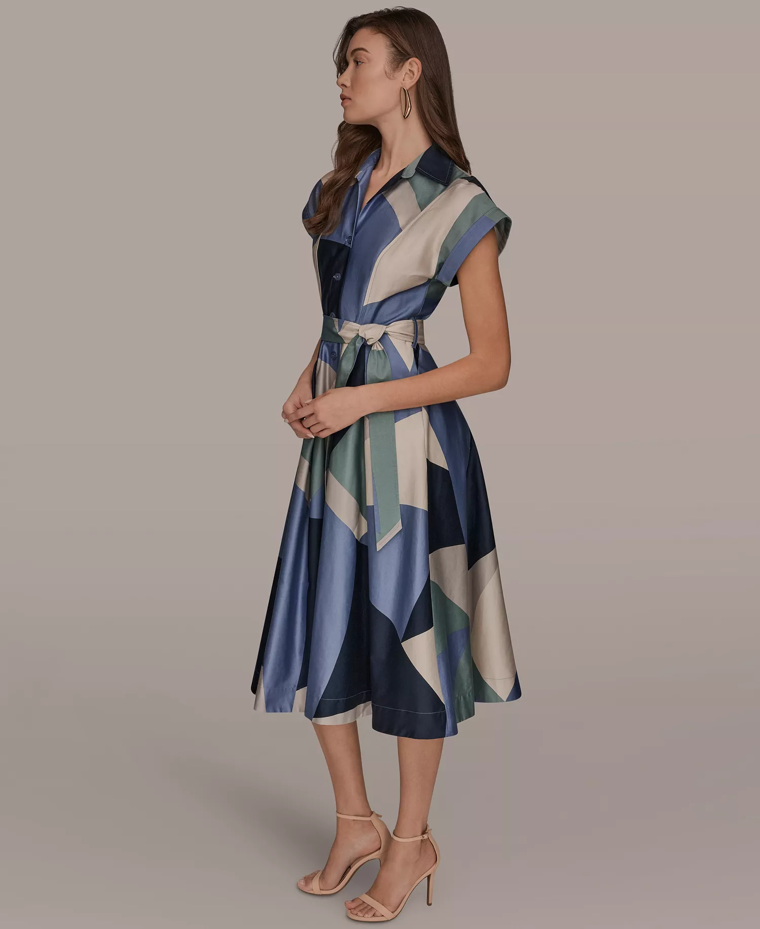 Women's Cap-Sleeve Spread Collar Geometric Colorblock Midi Shirt Dress - Tempest Multi - 10
