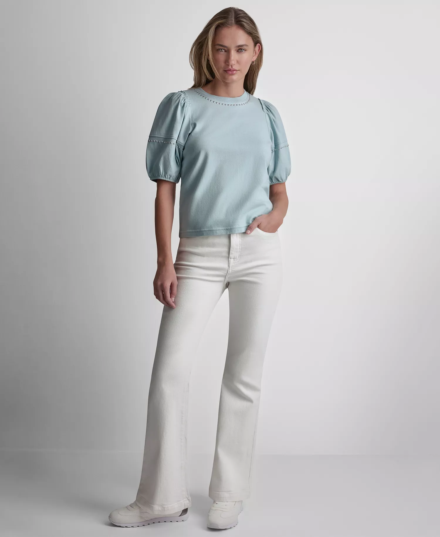 Petite Dome Studs Mini Ruffle Puff-Sleeve Crewneck T-Shirt - Mineral - PL