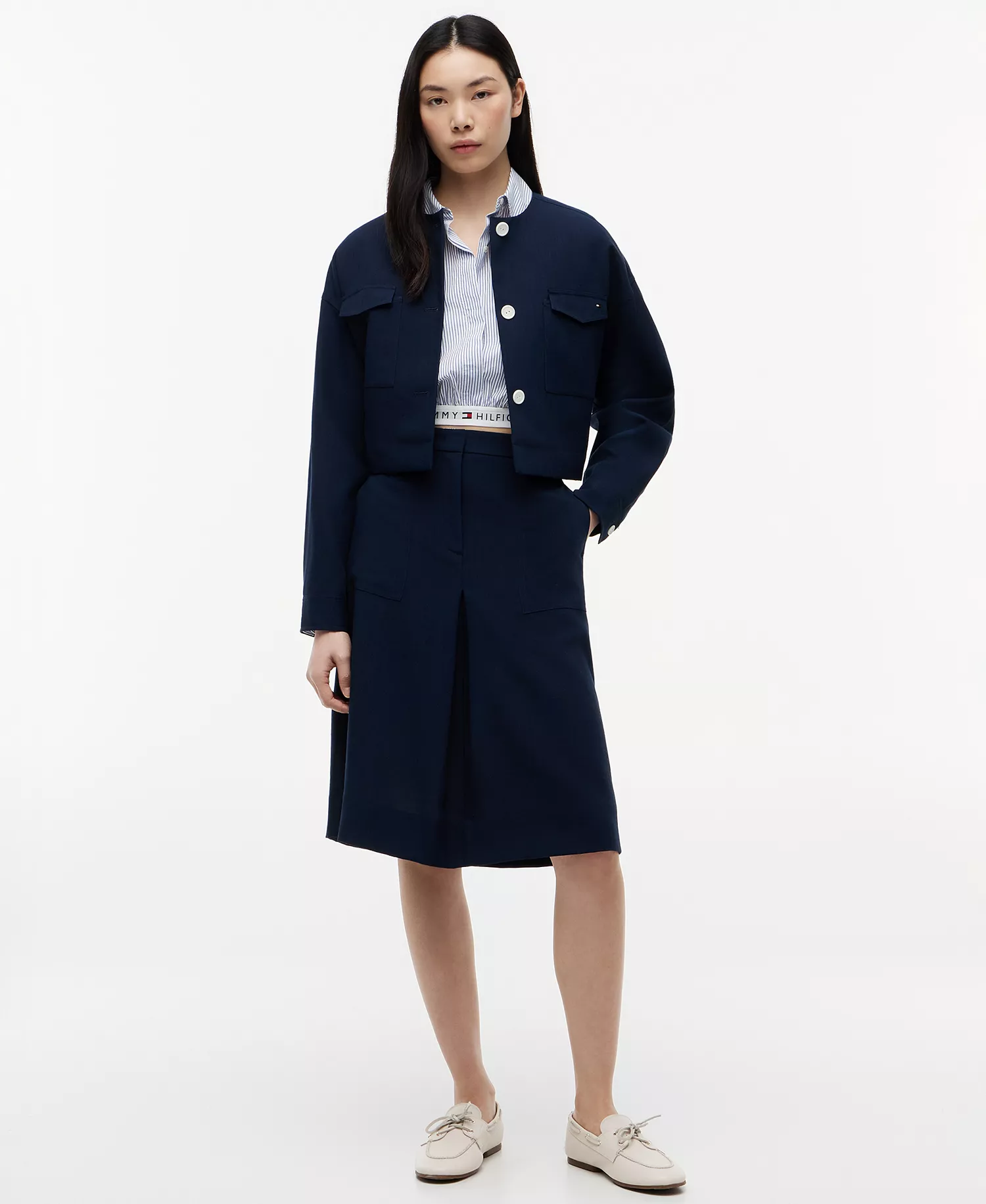 Women's Poplin Cropped Collared Shirt - Blue - L