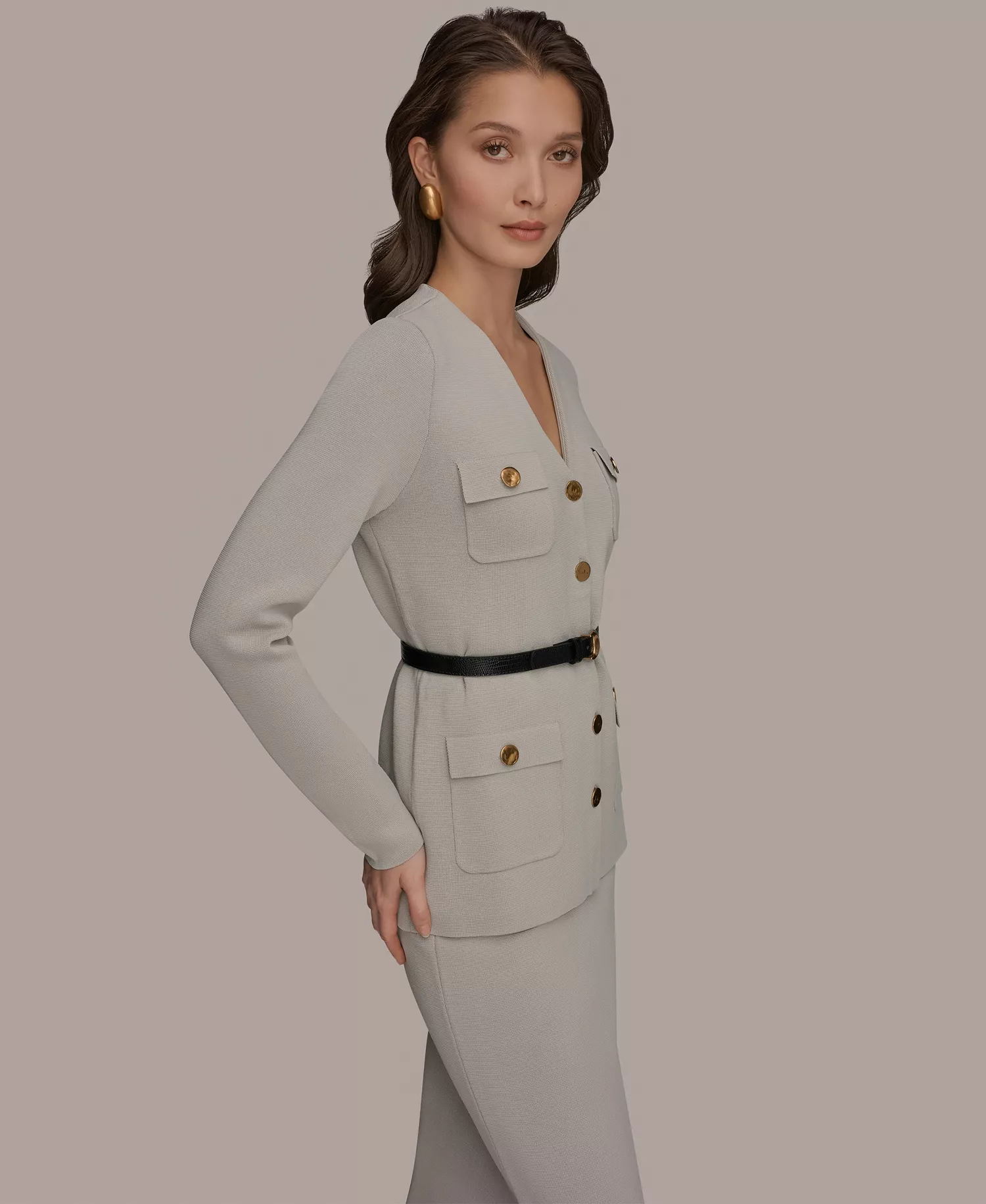 Women's 5-Button Belted Blazer, Regular & Petite - Tuscan Gray - L