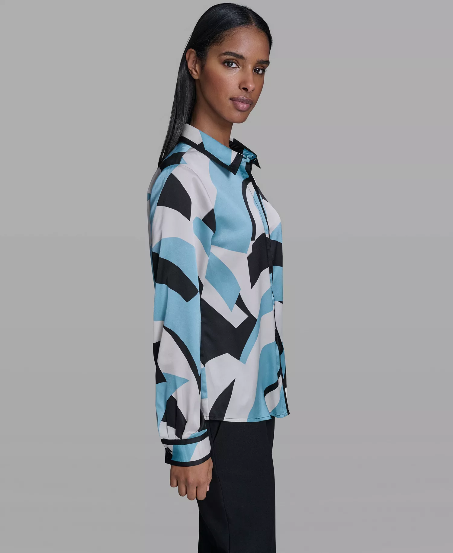 Women's Collared Button-Down Top - Bisque/Aqua Mist Multi - L