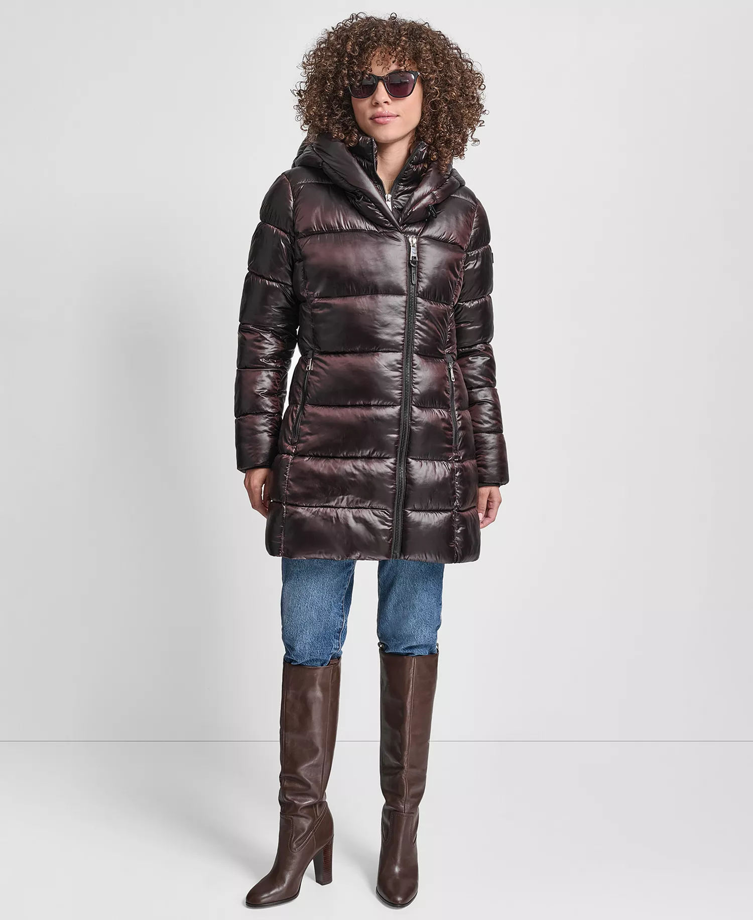 Women's Bibbed Shawl-Collar Packable Shine Puffer Coat - Bitter - L