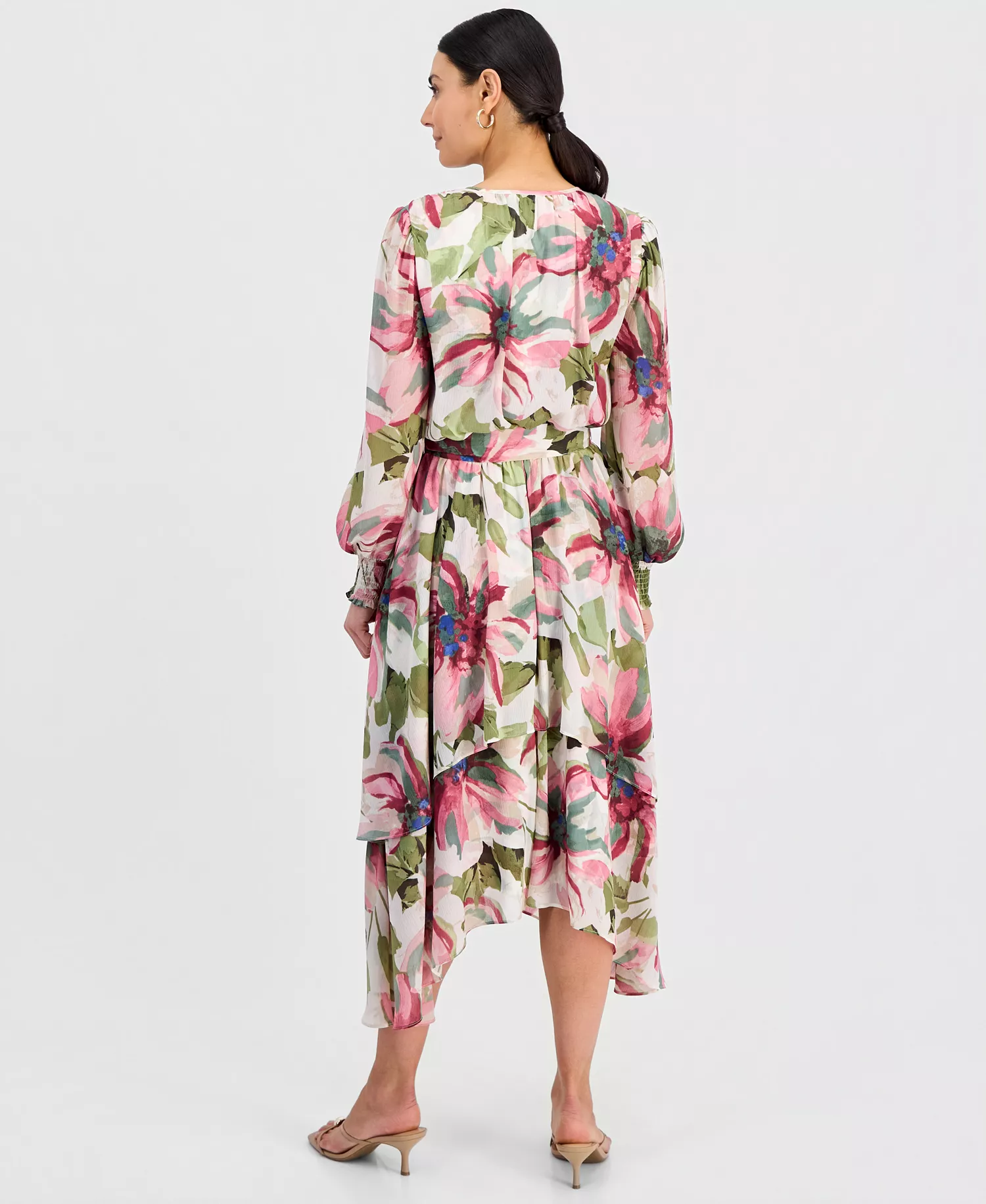 Petite Bubble-Sleeve Tie-Waist Tiered Dress, Created for Macy's - Farrah Bouquet - P/L