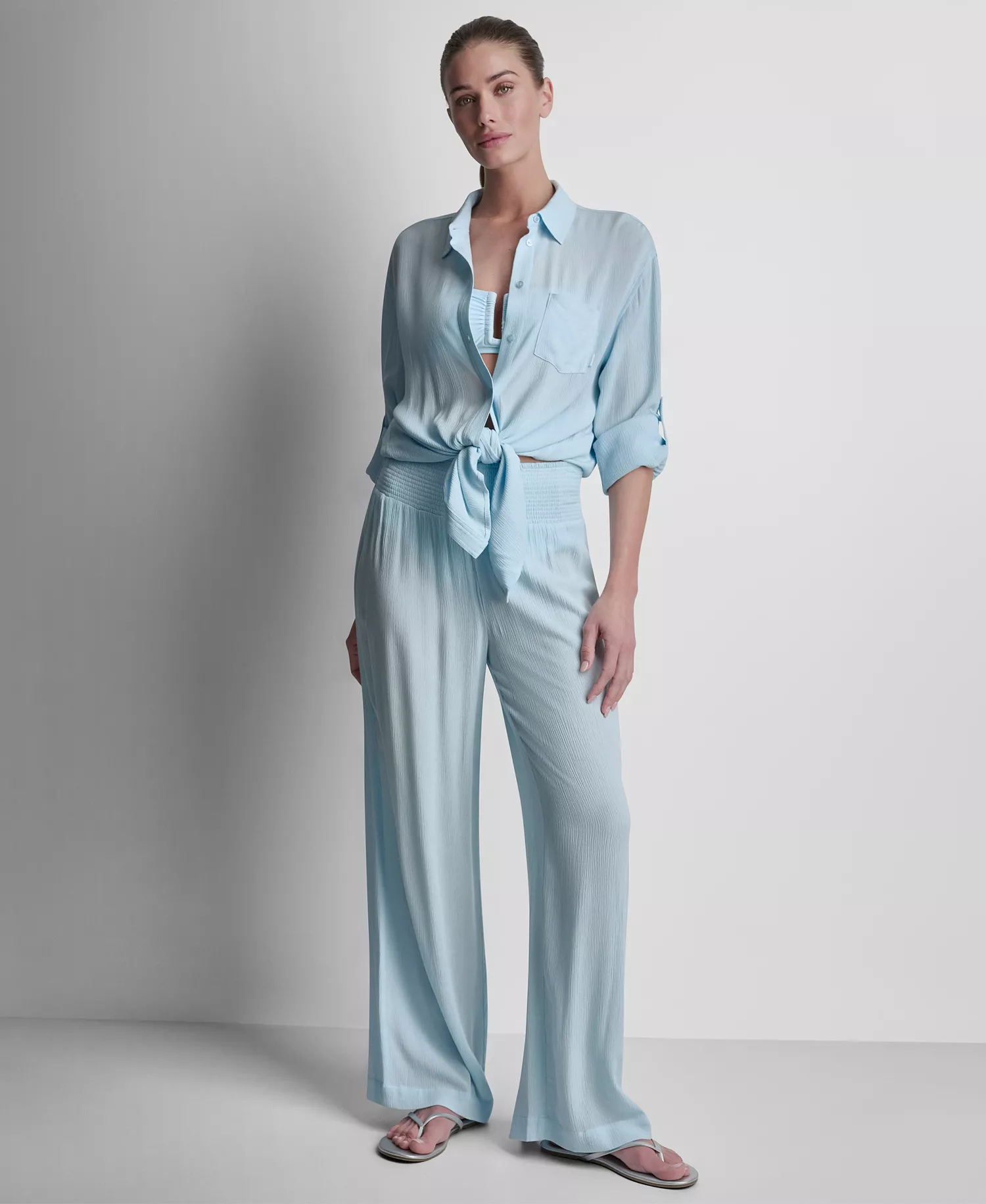 Women's Smocked-Waist Cover-Up Pull-On Pants - Black - L