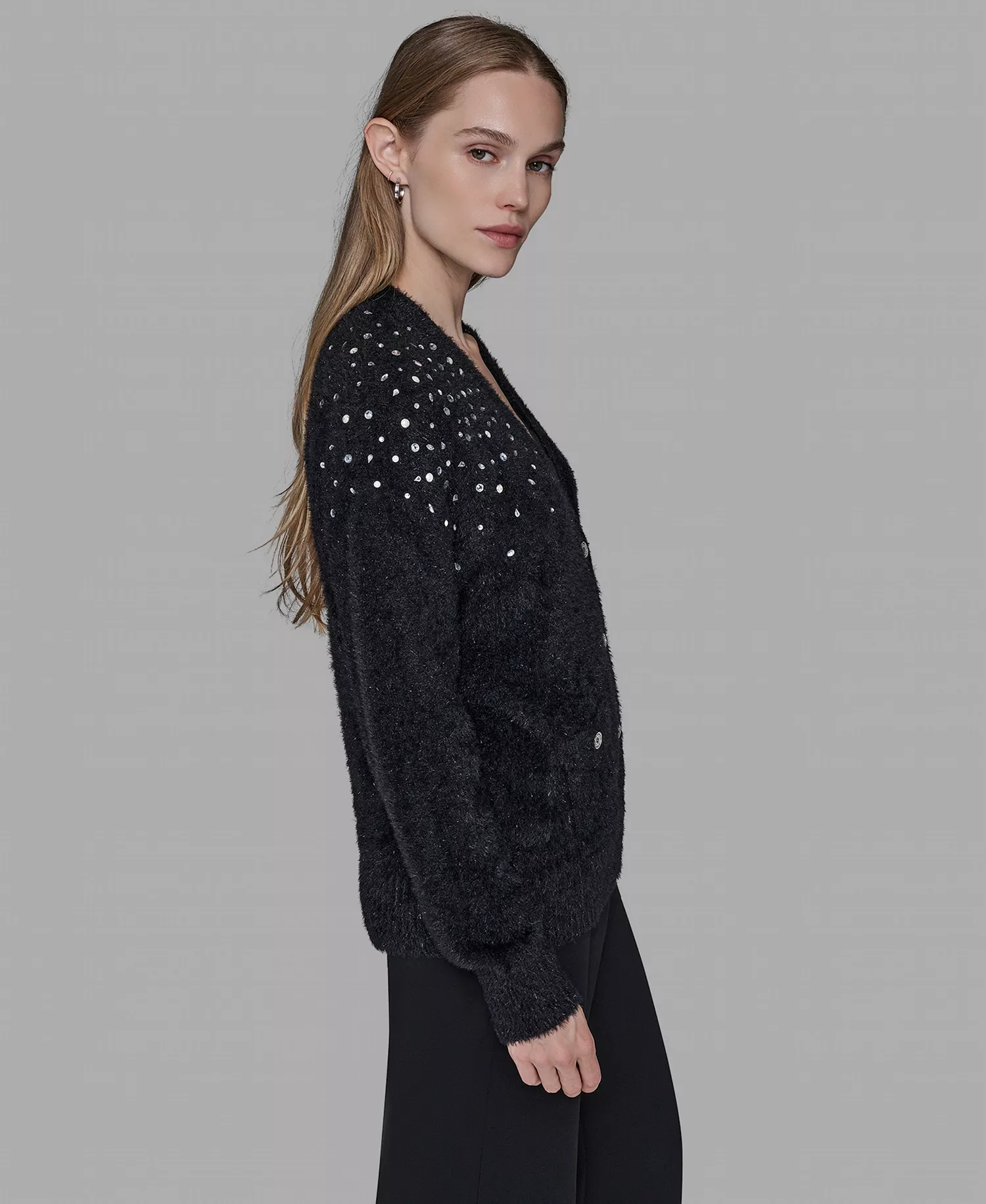 Women’s V-Neck Cardigan with Signature Button Closure - Black - L