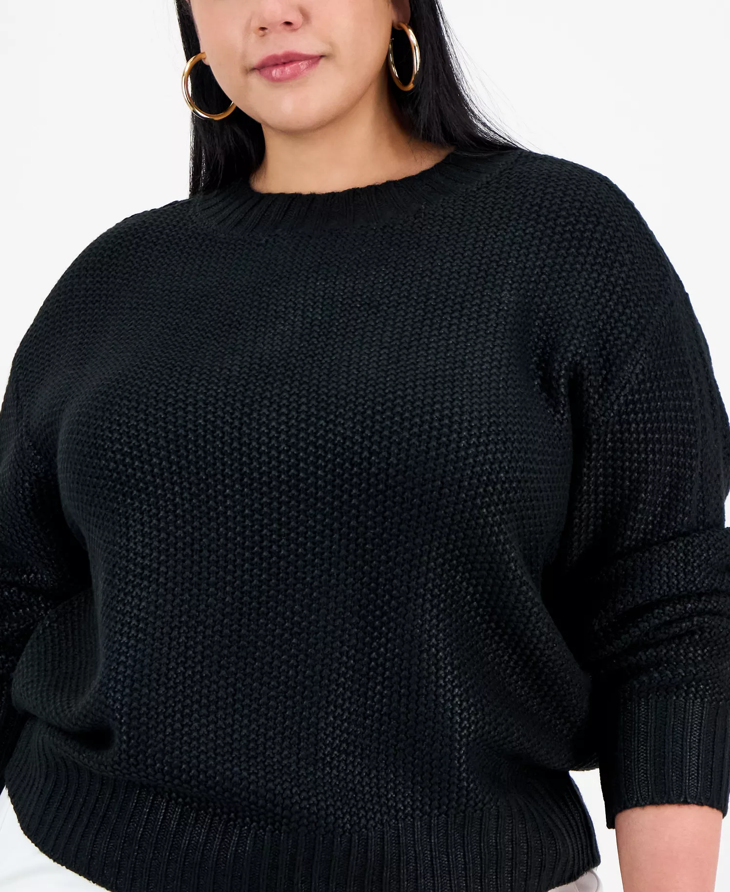 Trendy Plus Foil-Print Drop-Shoulder Crewneck Sweater, Macy's Exclusive - Black - 0X