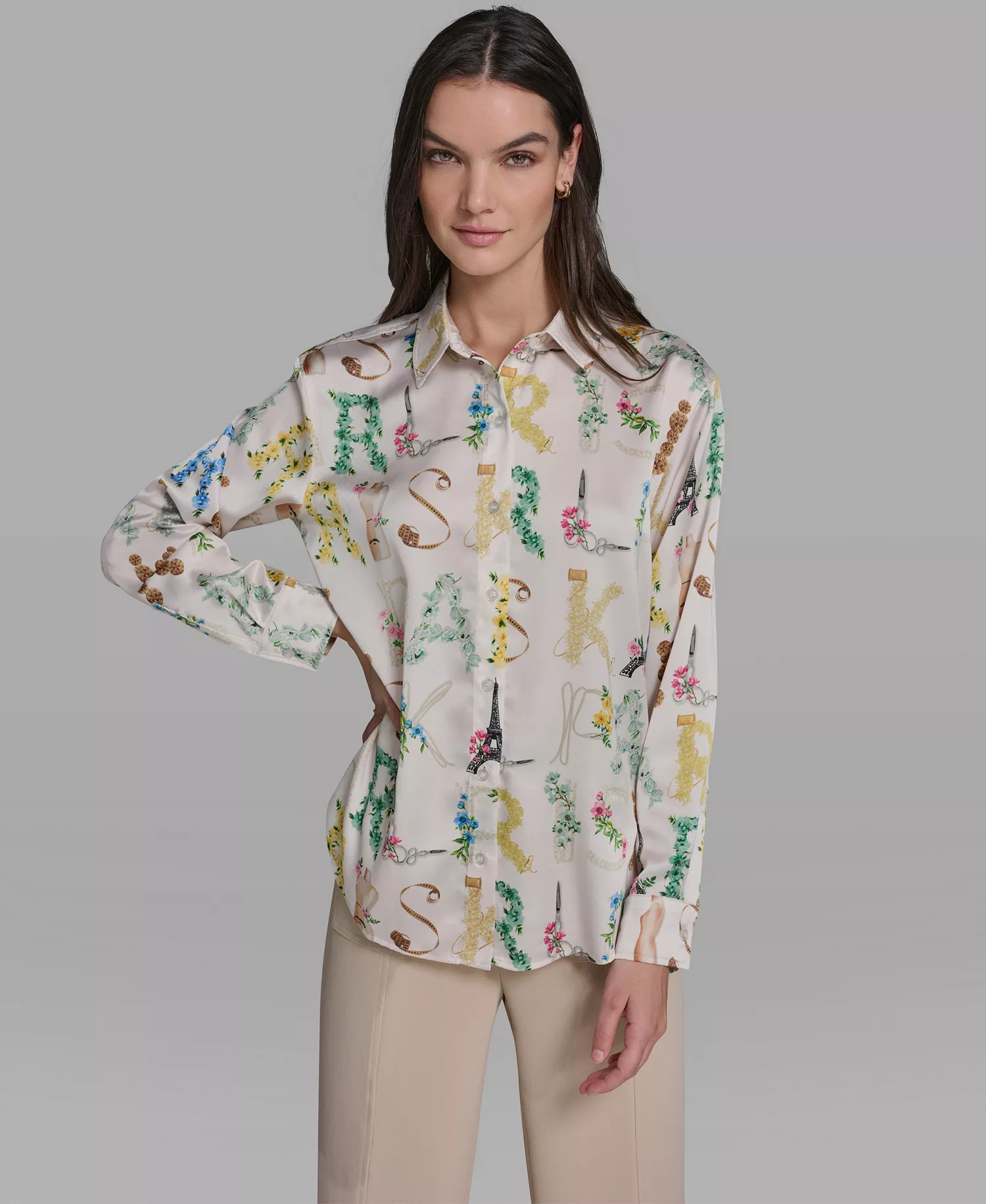 Women's Allover Print Button-Down Long-Sleeve Top - Bisque/panna Cotta Multi - L