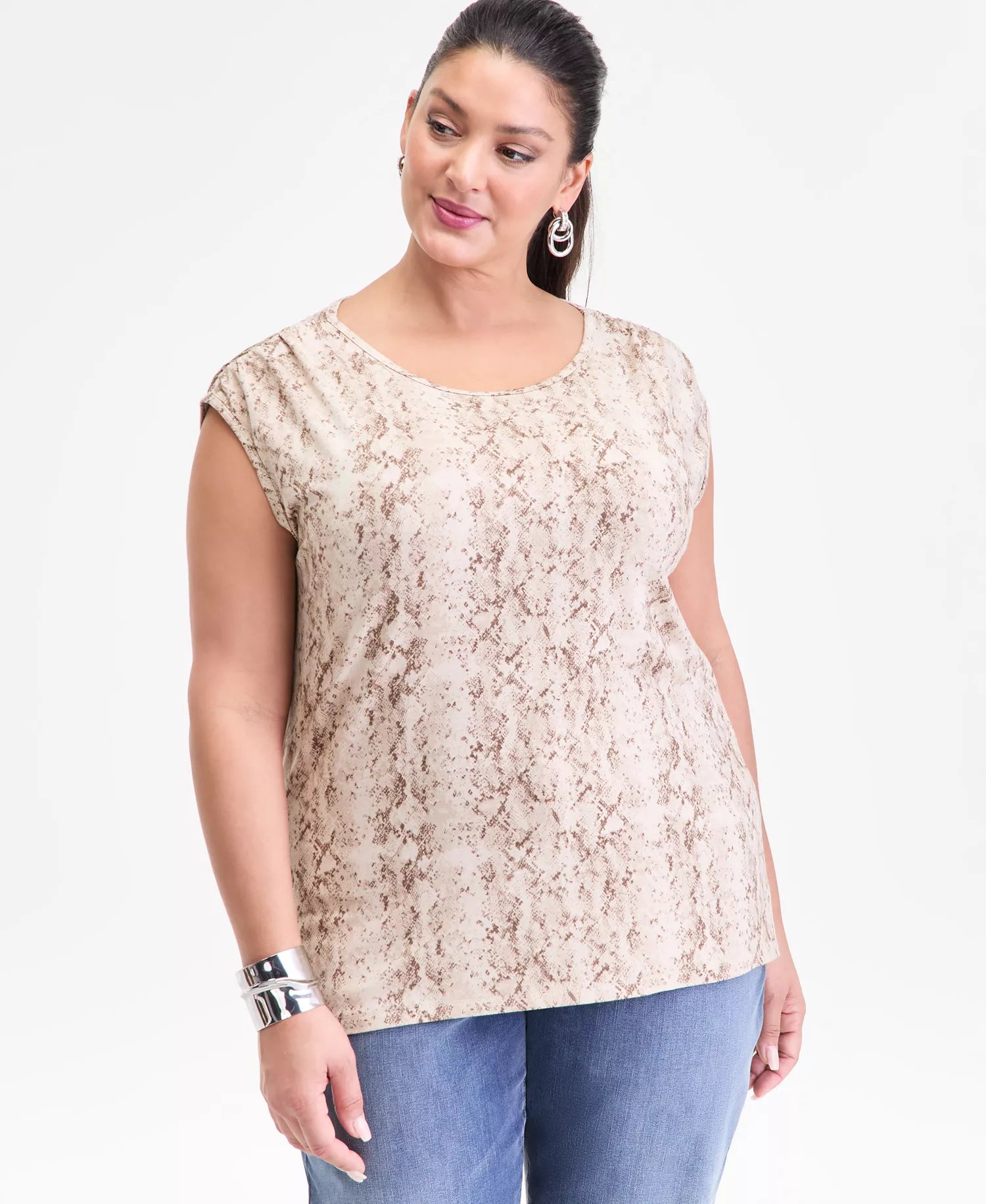 Plus Size Printed Gathered-Shoulder Tank, Macy's Exclusive  - Mia Snake Neut - 0X