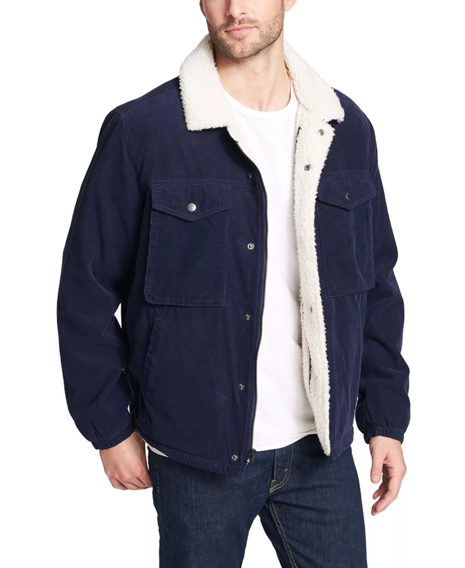 Men's Fleece-Lined Corduroy Trucker Jacket  - Navy - 2XL