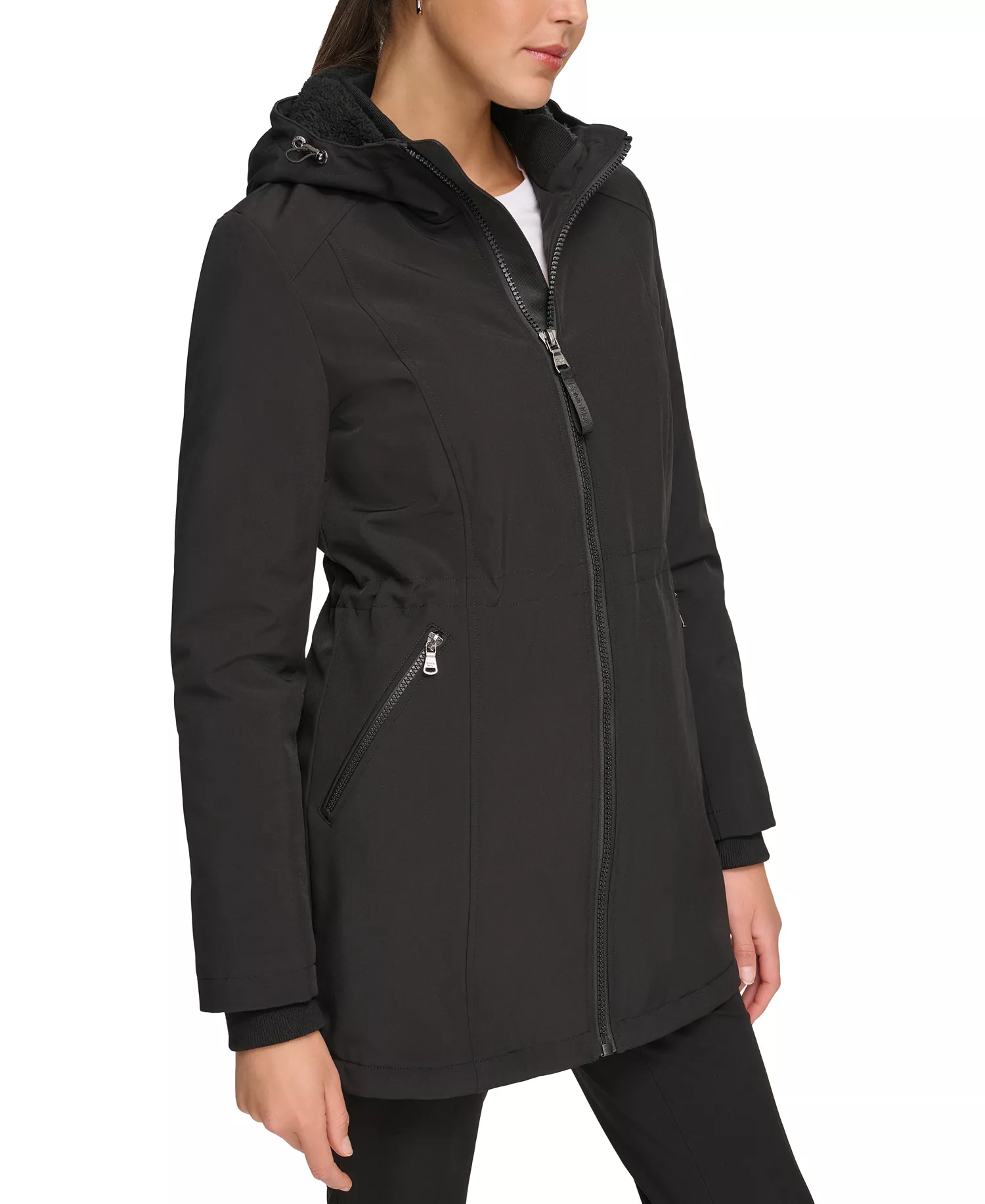 Womens Hooded Faux-Fur-Lined Anorak Raincoat - Black - L
