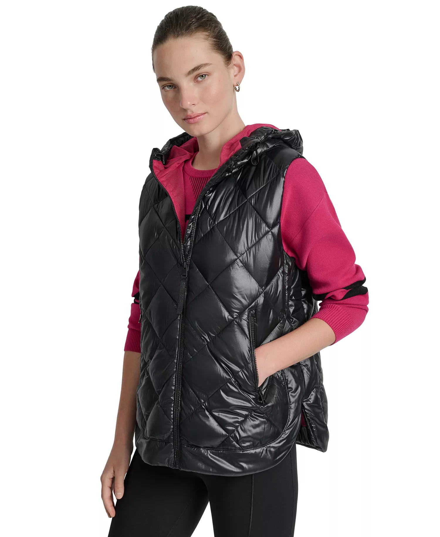 Women's Quilted Curved-Hem Hooded Vest - Metallic Black/wild Berry - L