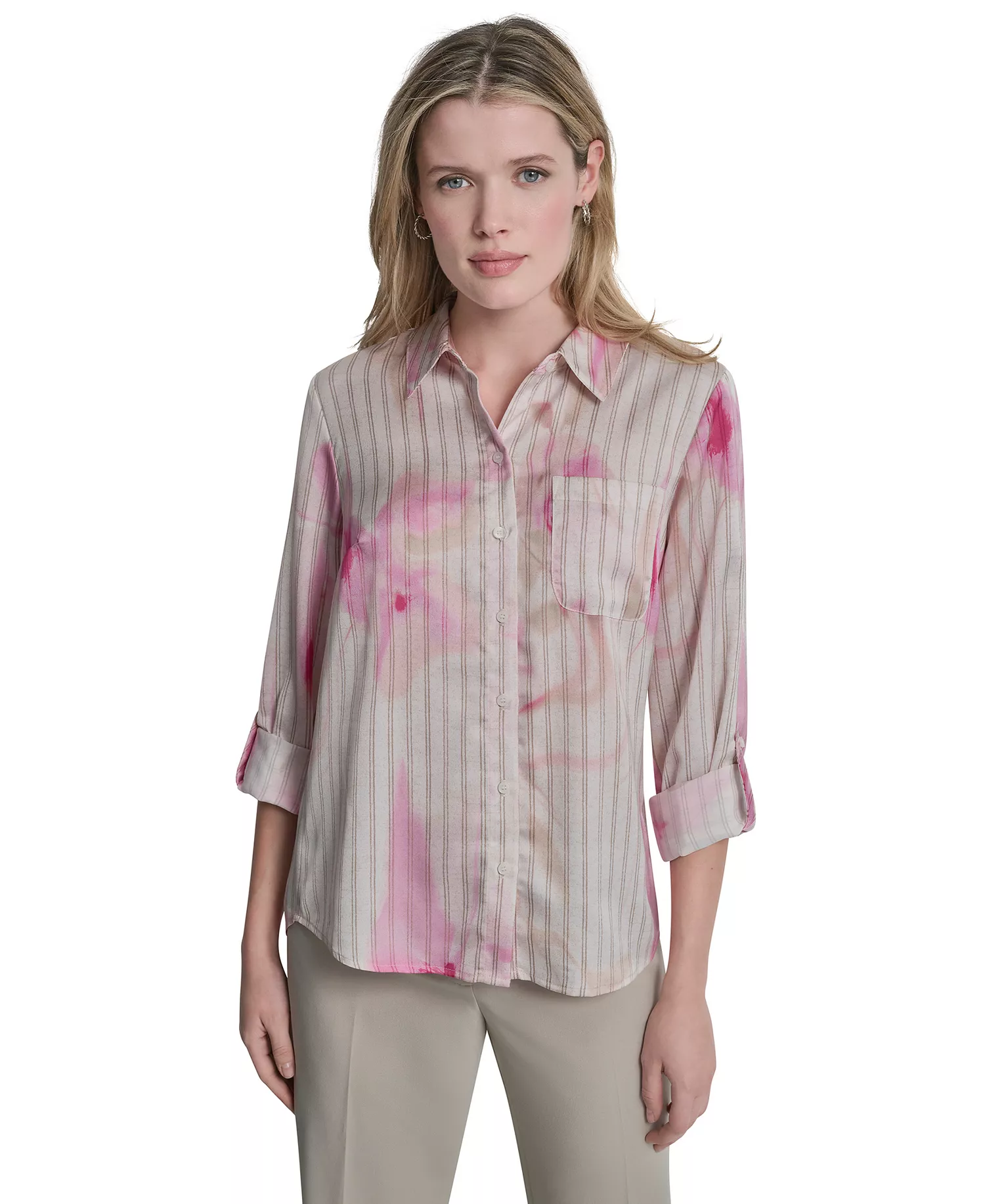 Petite Woven Roll Tab Button-Front Shirt - Pink - P/L