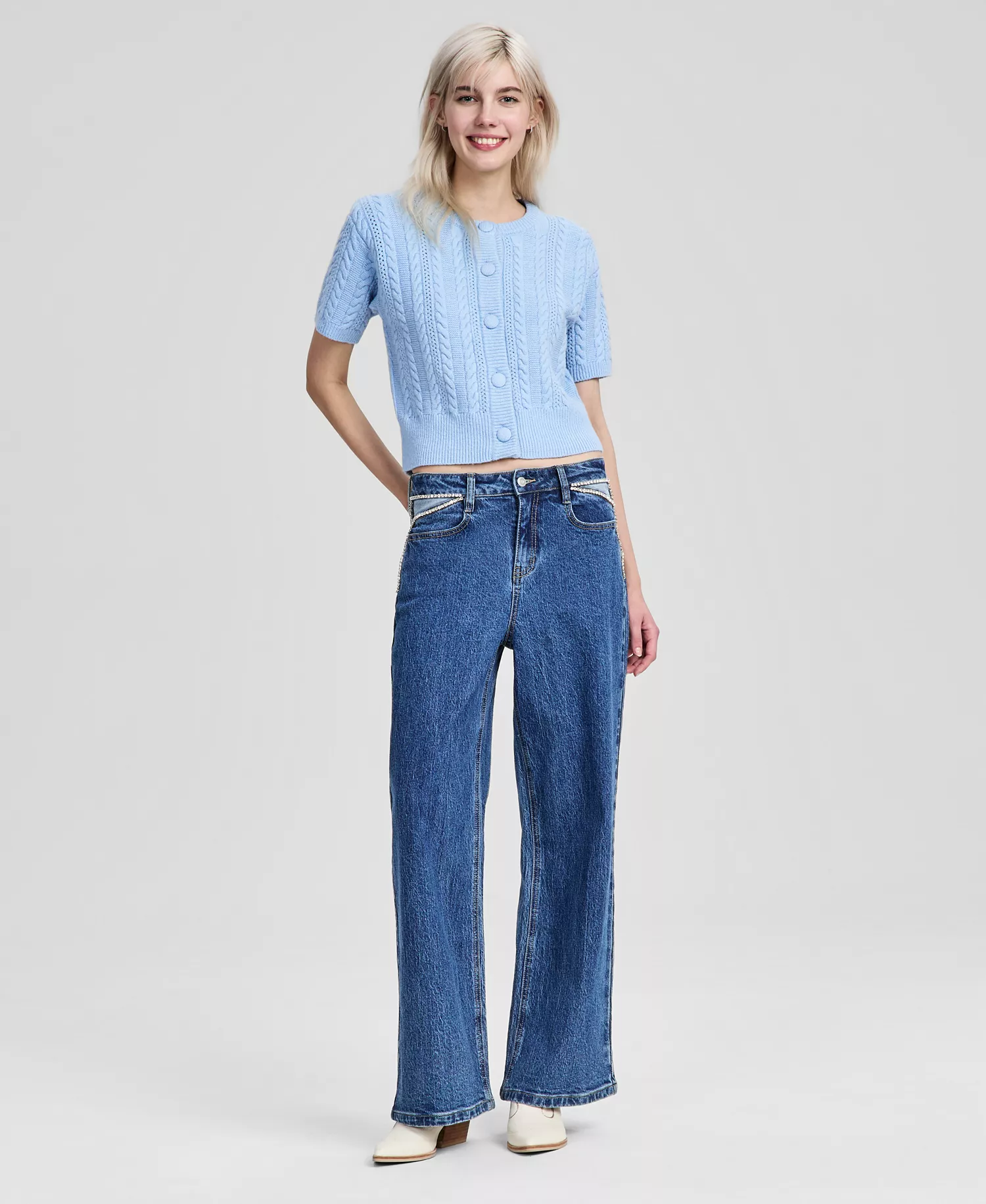 Women's Rhinestone Embellished Wide Leg Jeans, Macy's Exclusive - Medium Wash - 0