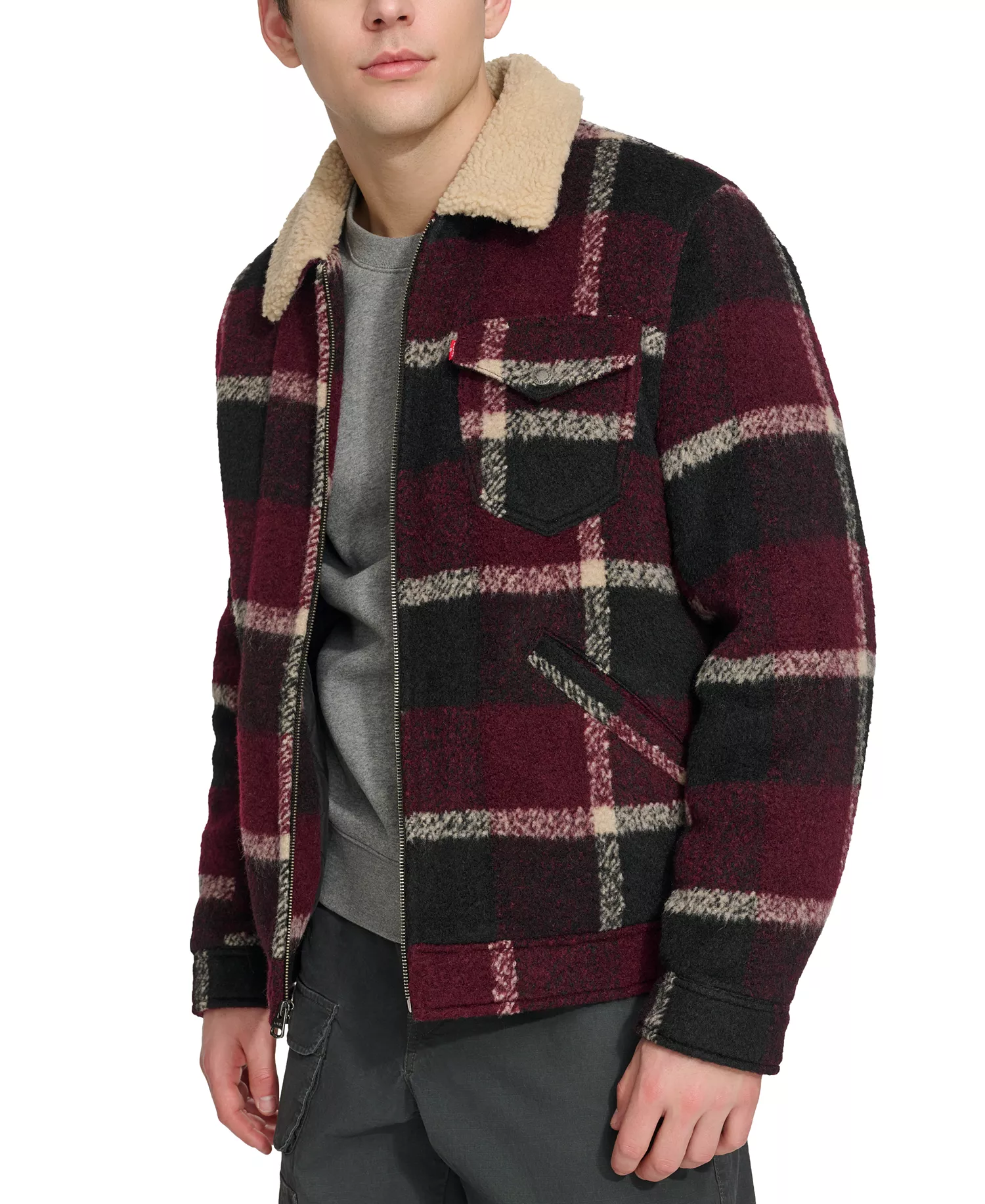 Men's Plaid Full-Zip Depot Jacket with Fleece Collar - Black Putty - L