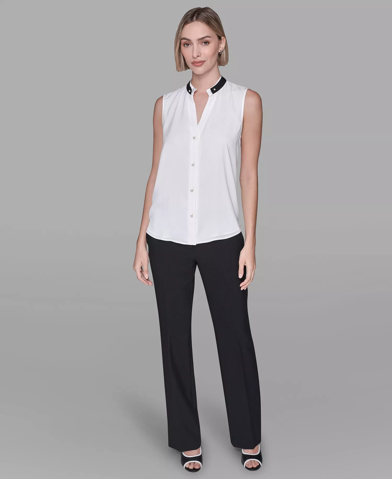 Women's V-Neck Button Down Top - Soft White/Black - L