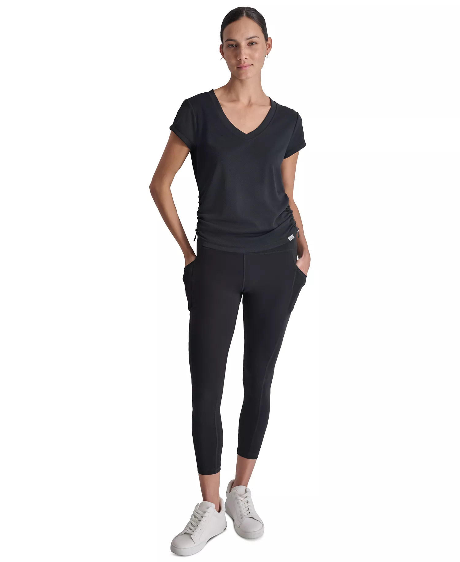 Women's Ruched Side Seams V-Neck Tech T-Shirt - Black - L