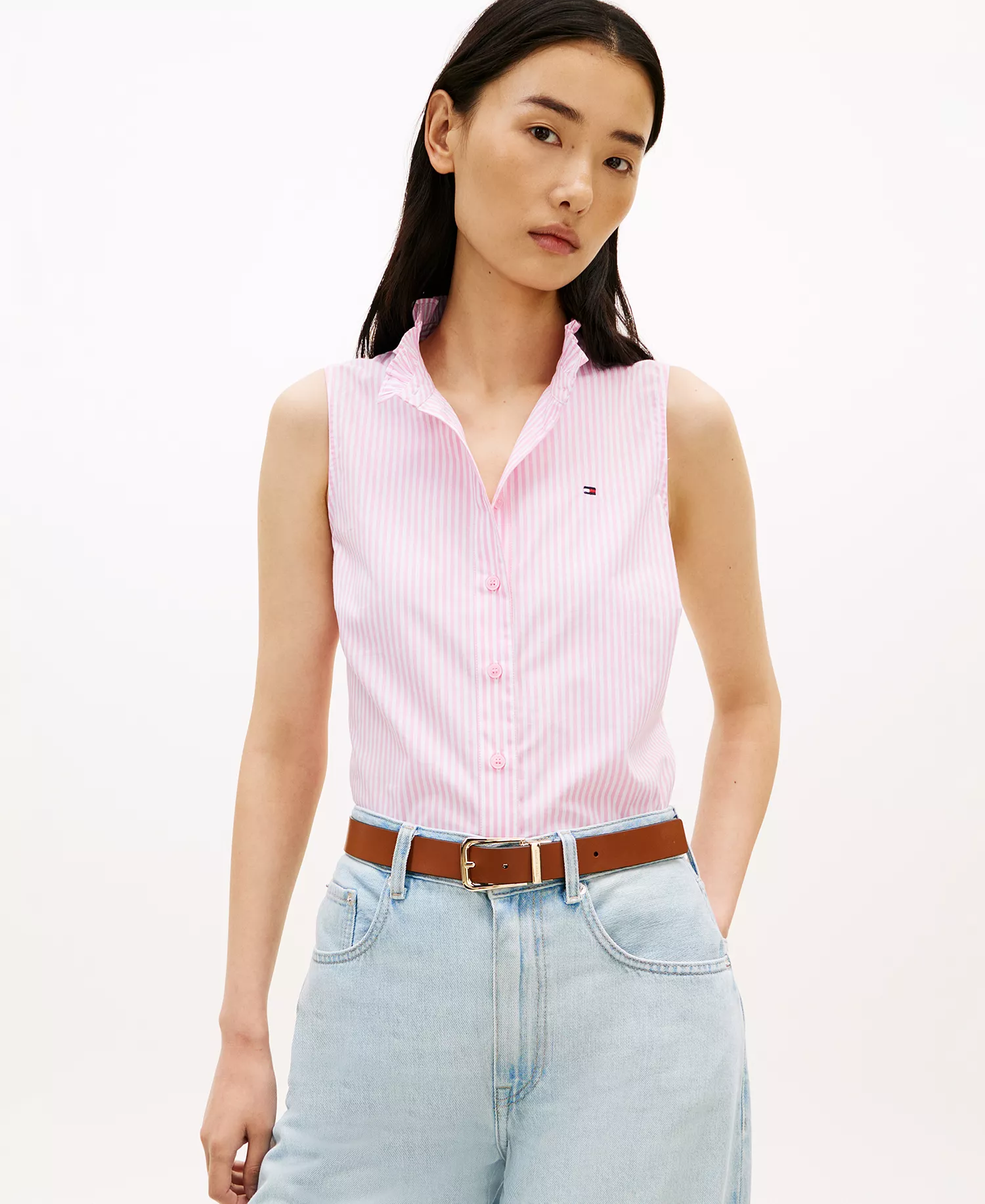 Women's Classic Frill Sleeveless Shirt - Classic Ithaca White Rose Petal - L