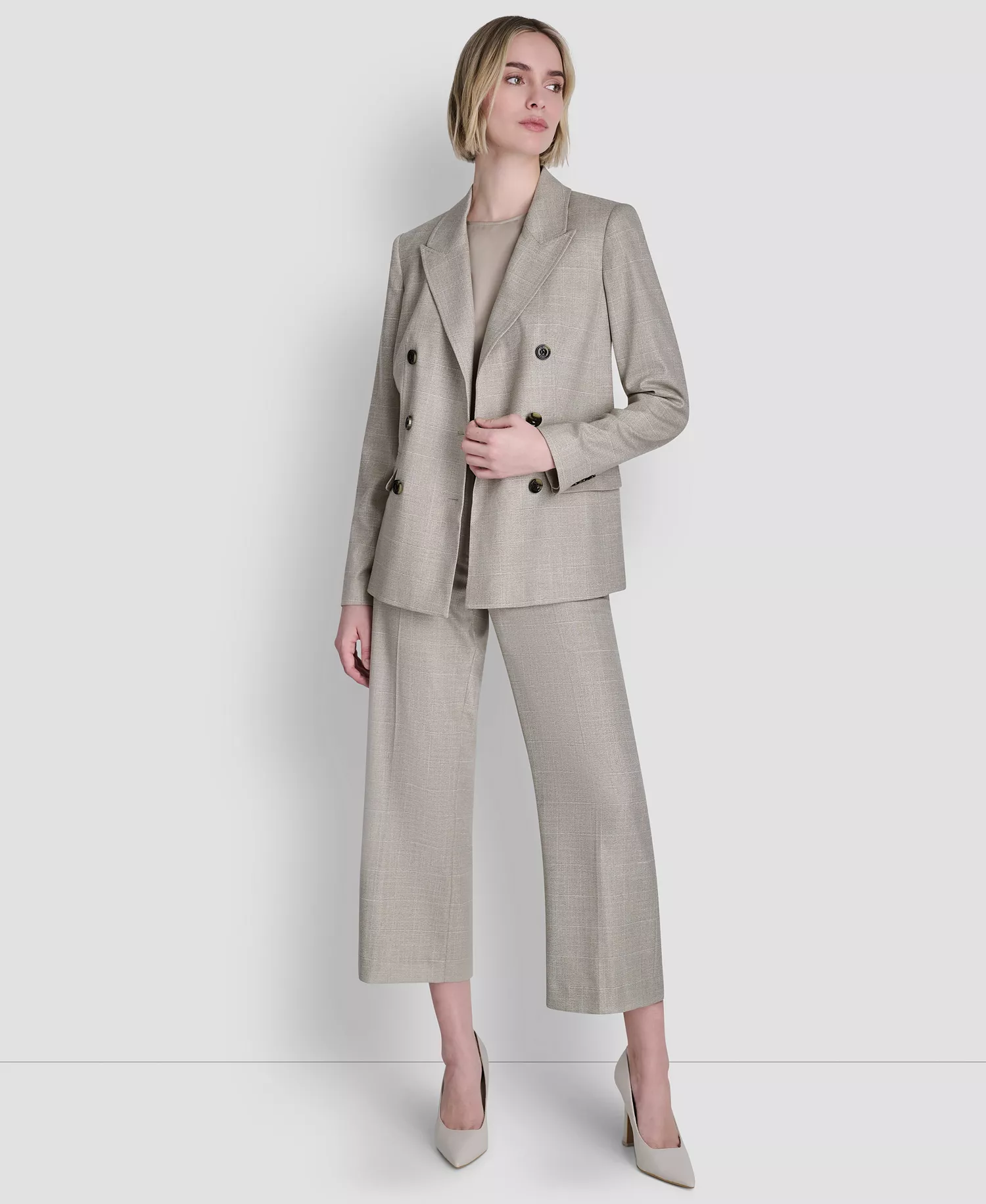 Women's Windowpane Double-Breasted Notch Collar Jacket - Pebble / White Combo - 10