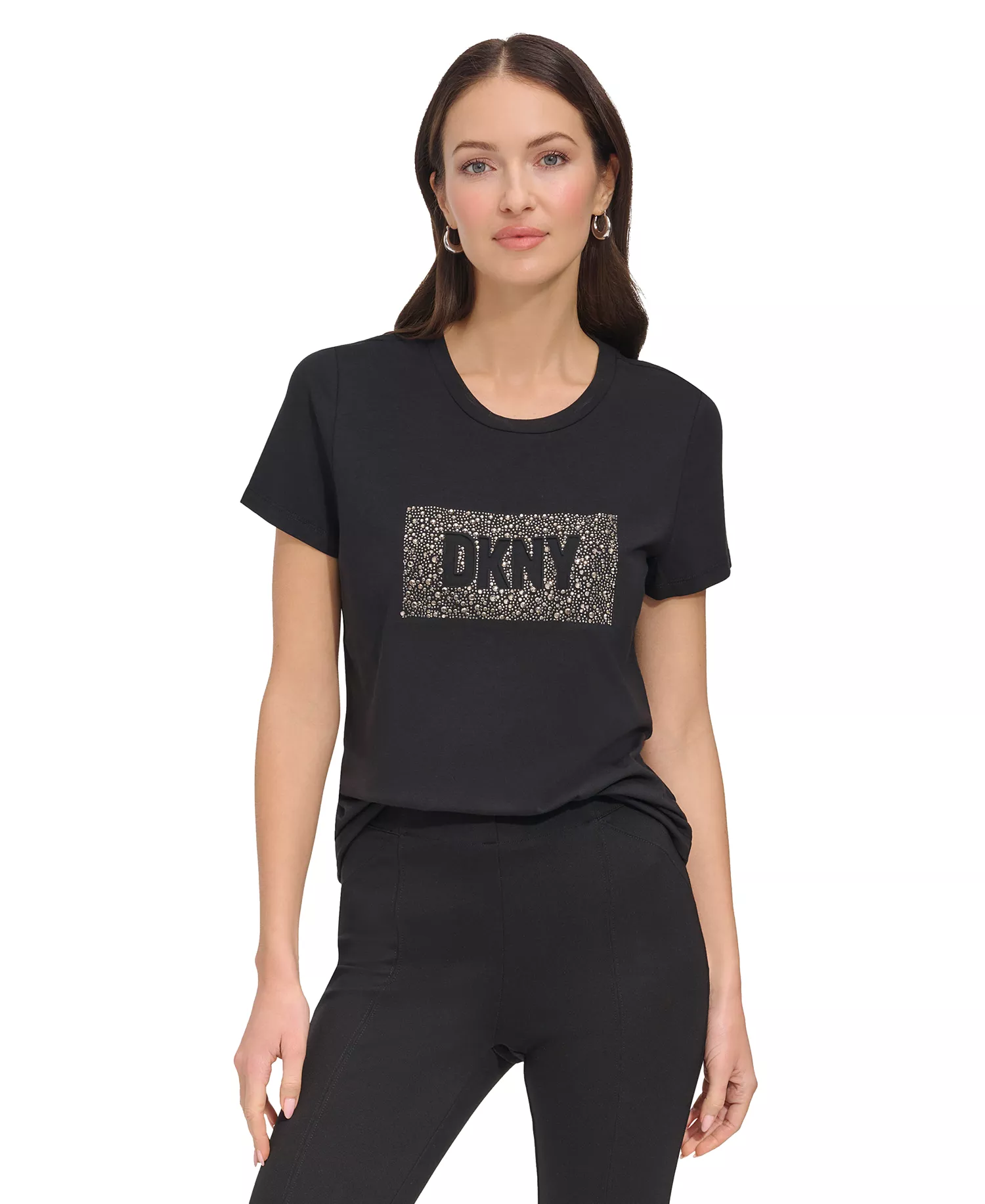 Women's Studded-Logo Crewneck Short-Sleeve Top - Black - L