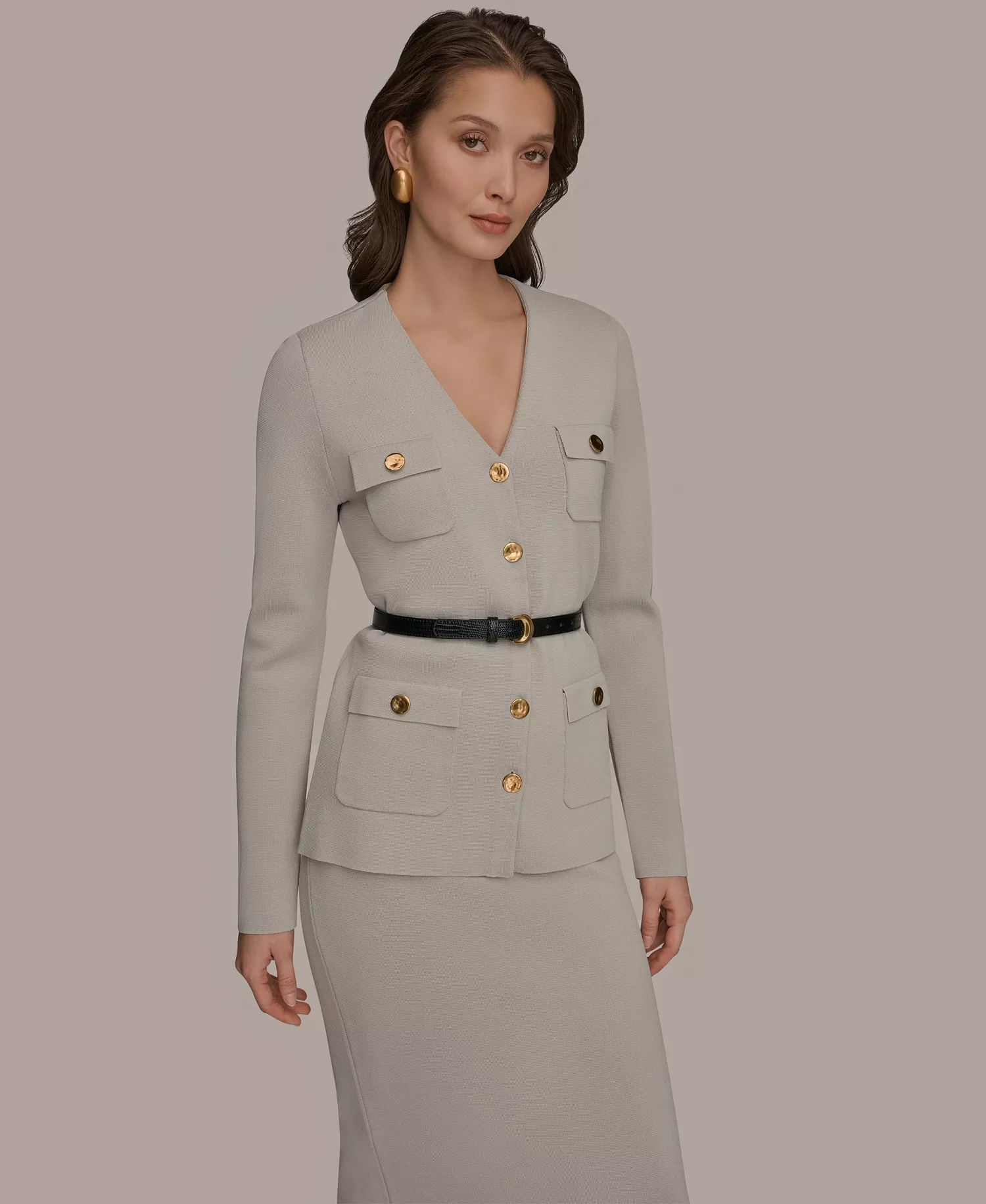 Women's 5-Button Belted Blazer, Regular & Petite - Tuscan Gray - L