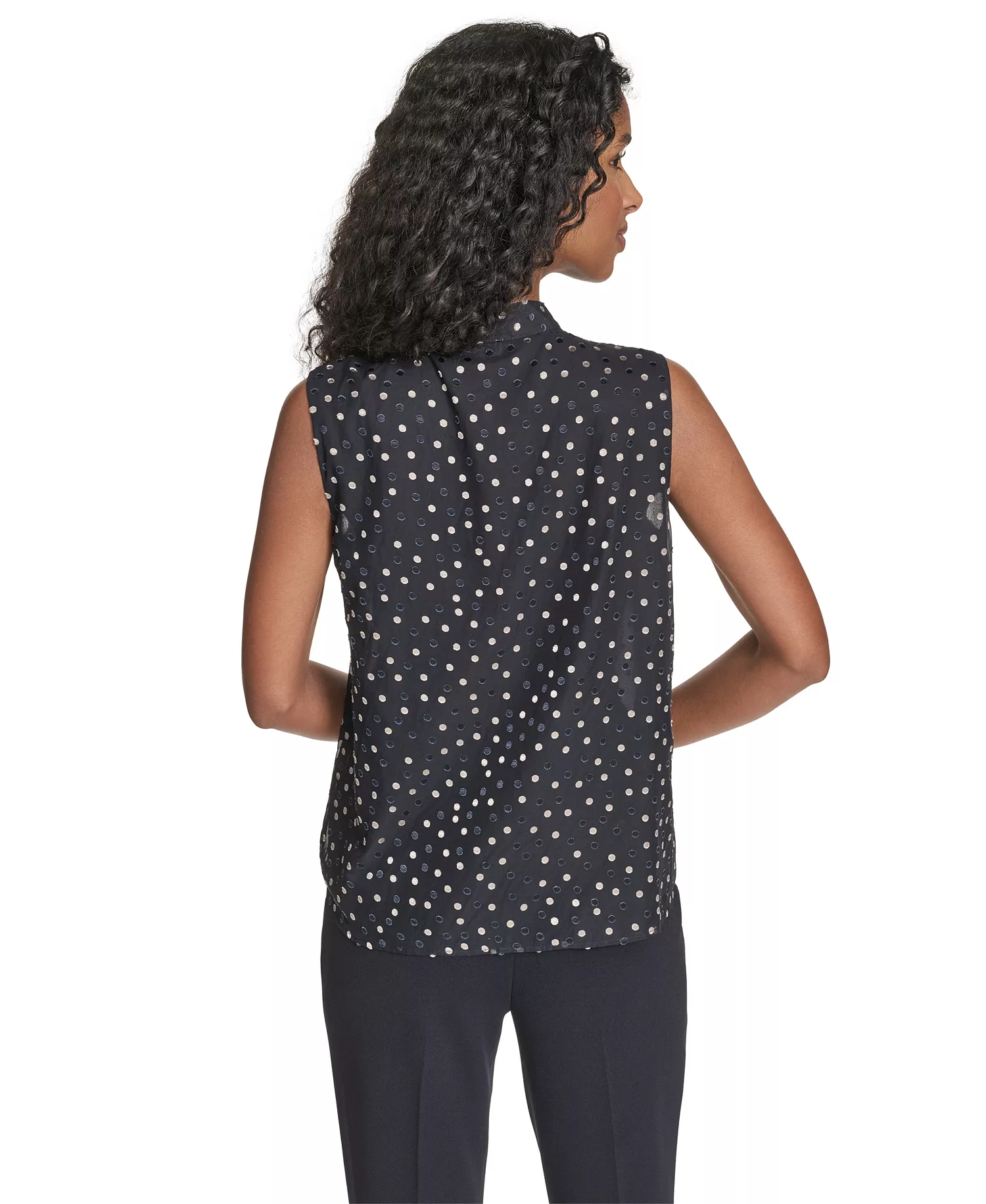 Women's Textured Tie Neck Top - Navy/Oyster - L