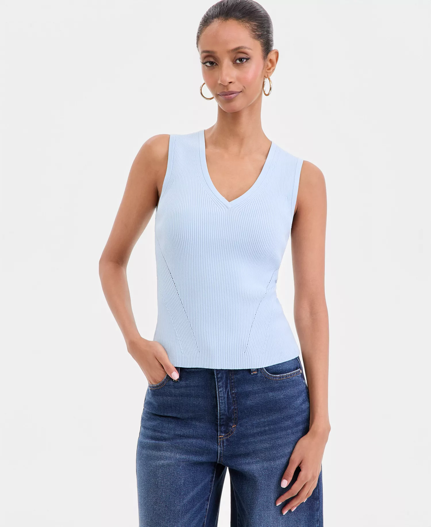 Women's Sleeveless Rib V-Neck Sweater, Created for Macy's - Bliss Blue - L