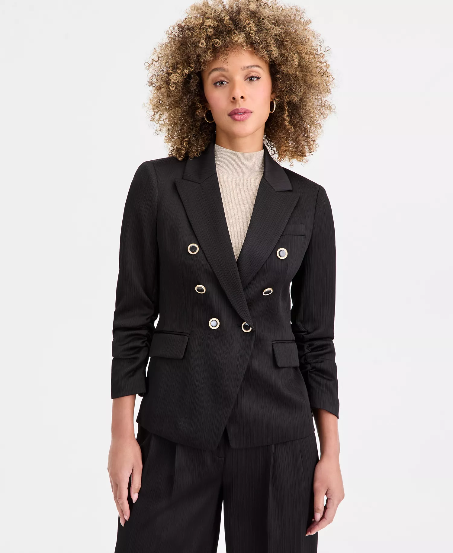 Petite Crinkle-Pleat Double-Breasted Blazer - Black - 10P