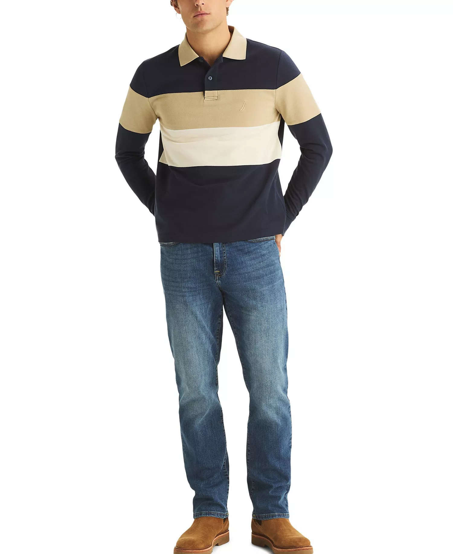 Men's Color-Block Long-Sleeve Rugby Polo Shirt - Navy Seas - XL