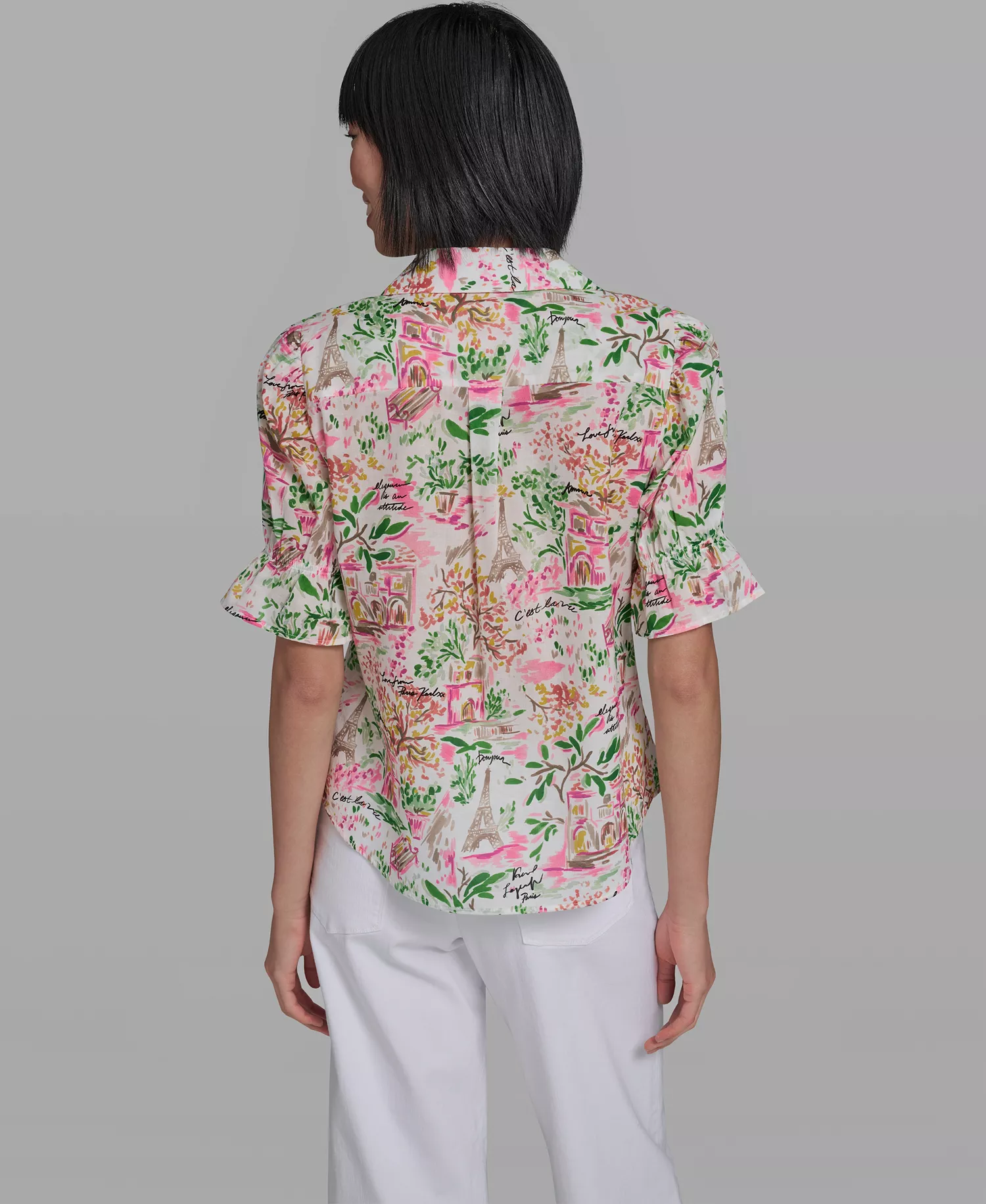 Women's All-Over Parisian Floral Printed Button Down Top - Soft White/pink Carnation Multi - L