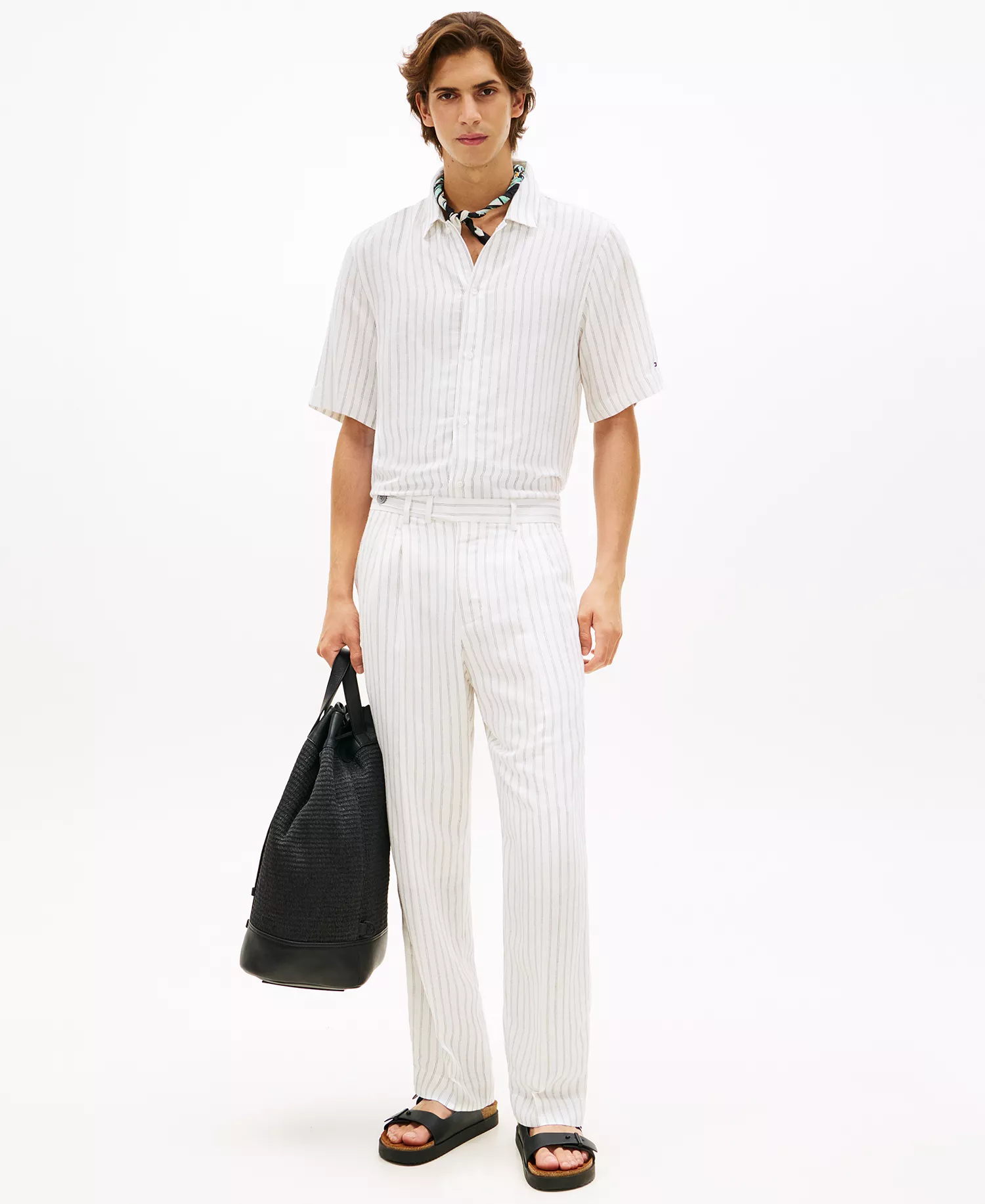 Men's Stripe Linen-Blend Regular-Fit Pants - White/Black - 30x30
