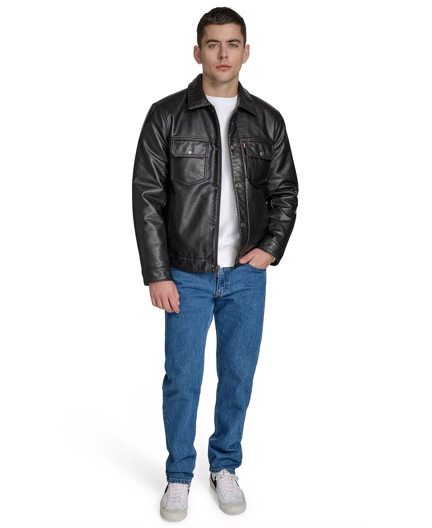 Men's Faux Leather Trucker Jacket - Black - 2XL