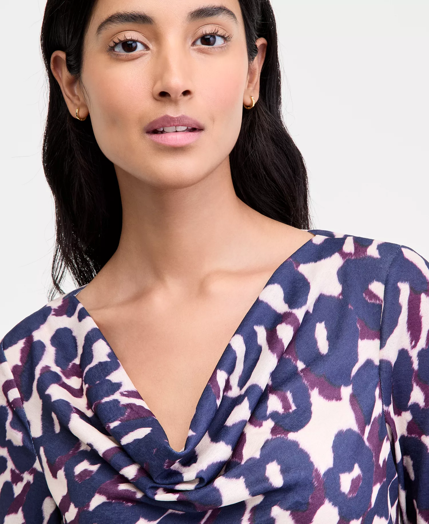 Petite Cowl-Neck Draped-Waist Top - Plum Leopard - P/L