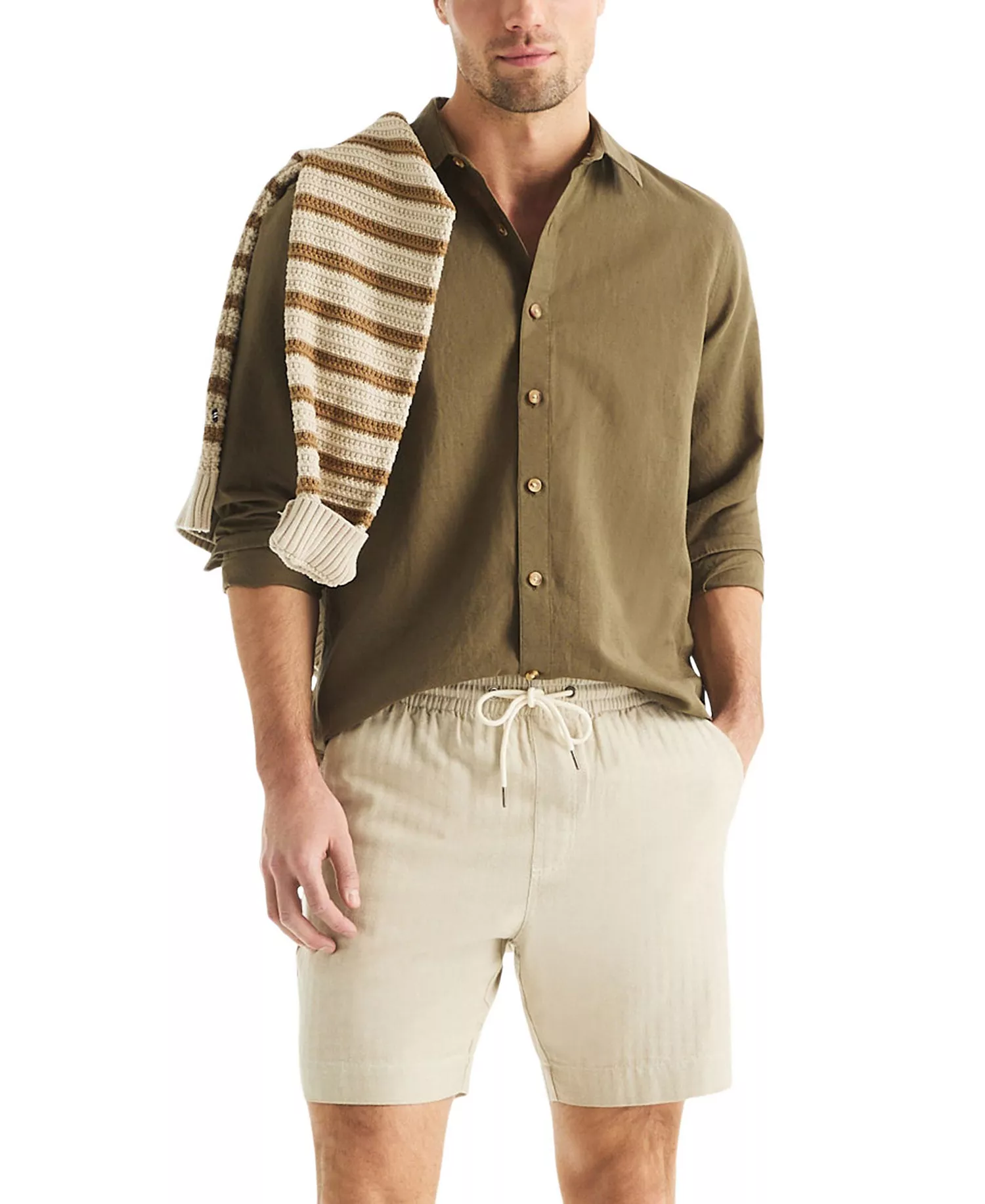 Men's Regular-Fit 7" Cotton Herringbone Shorts - Beige - L