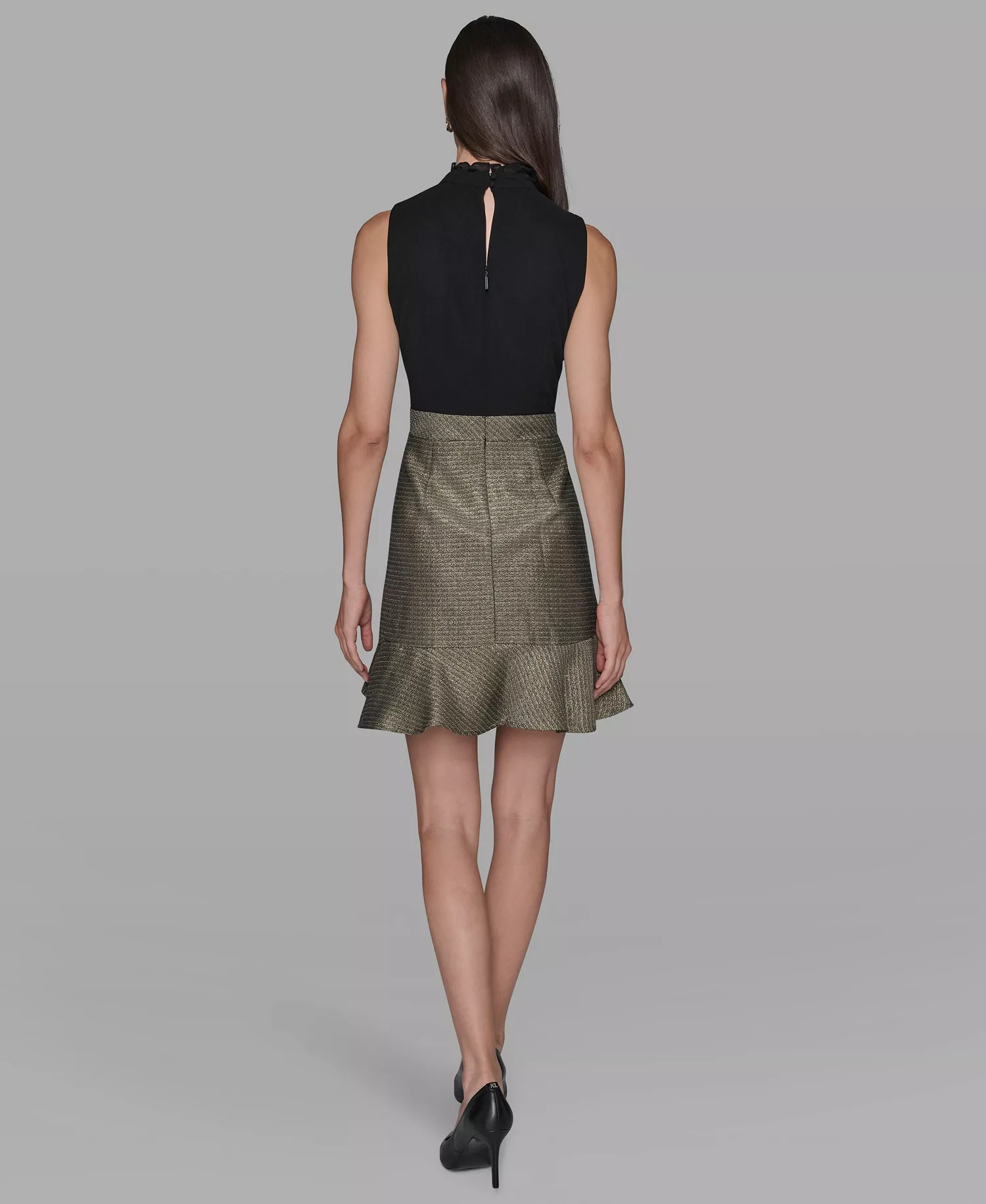 Women's Mock Neck Flounce Hem A-Line Dress - Black/Gold multi - 14