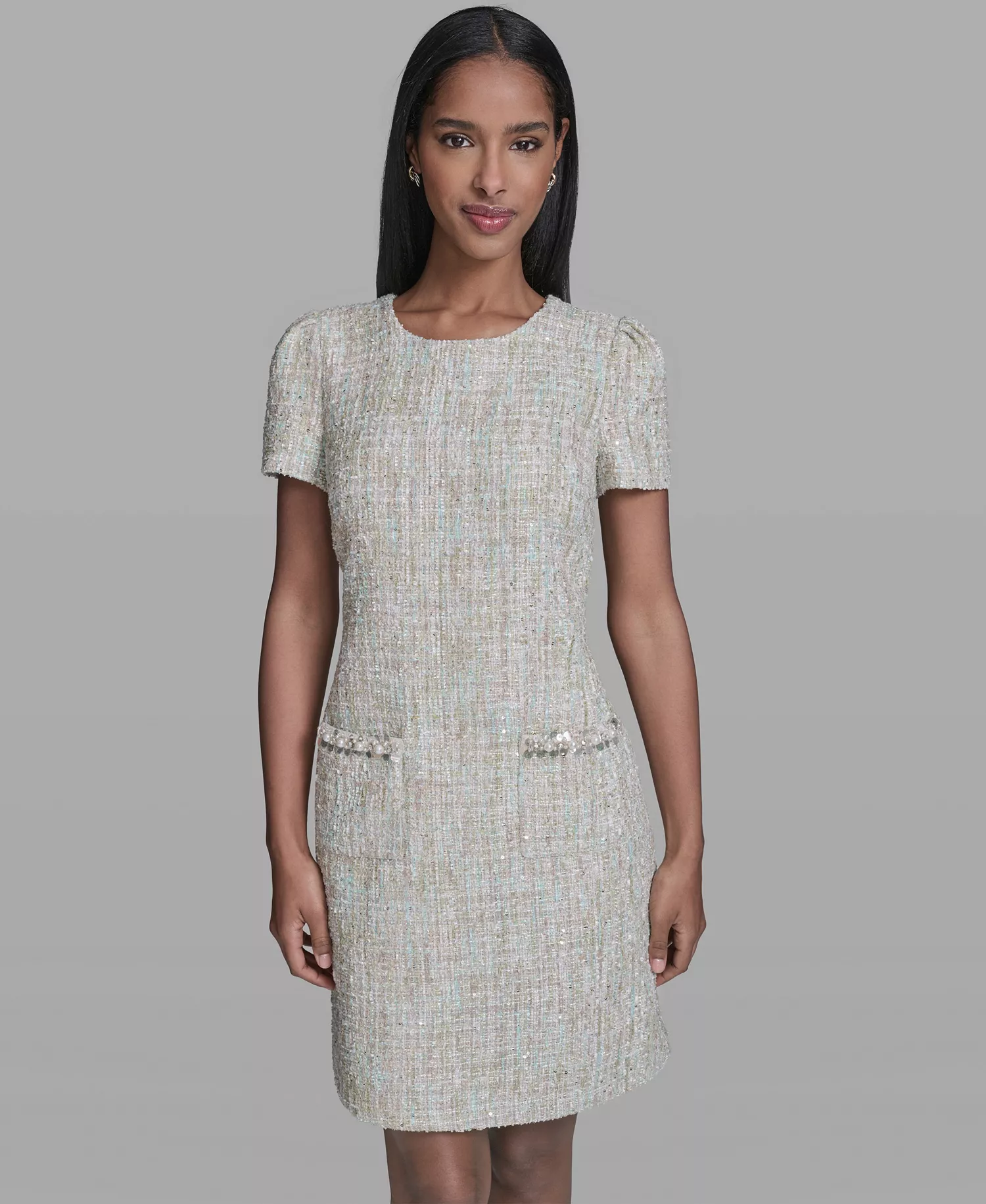 Women's Sequined Textured Crewneck Dress - Tea Green Multi - 0