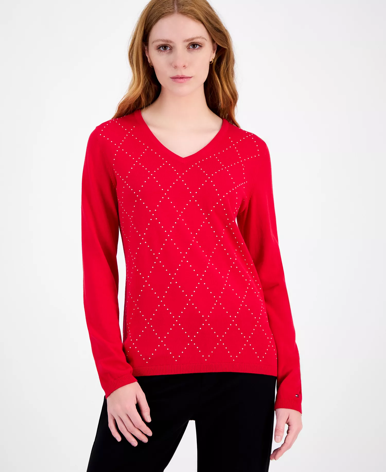 Women's Studded Argyle Cotton V-Neck Sweater - Scarlet - XS