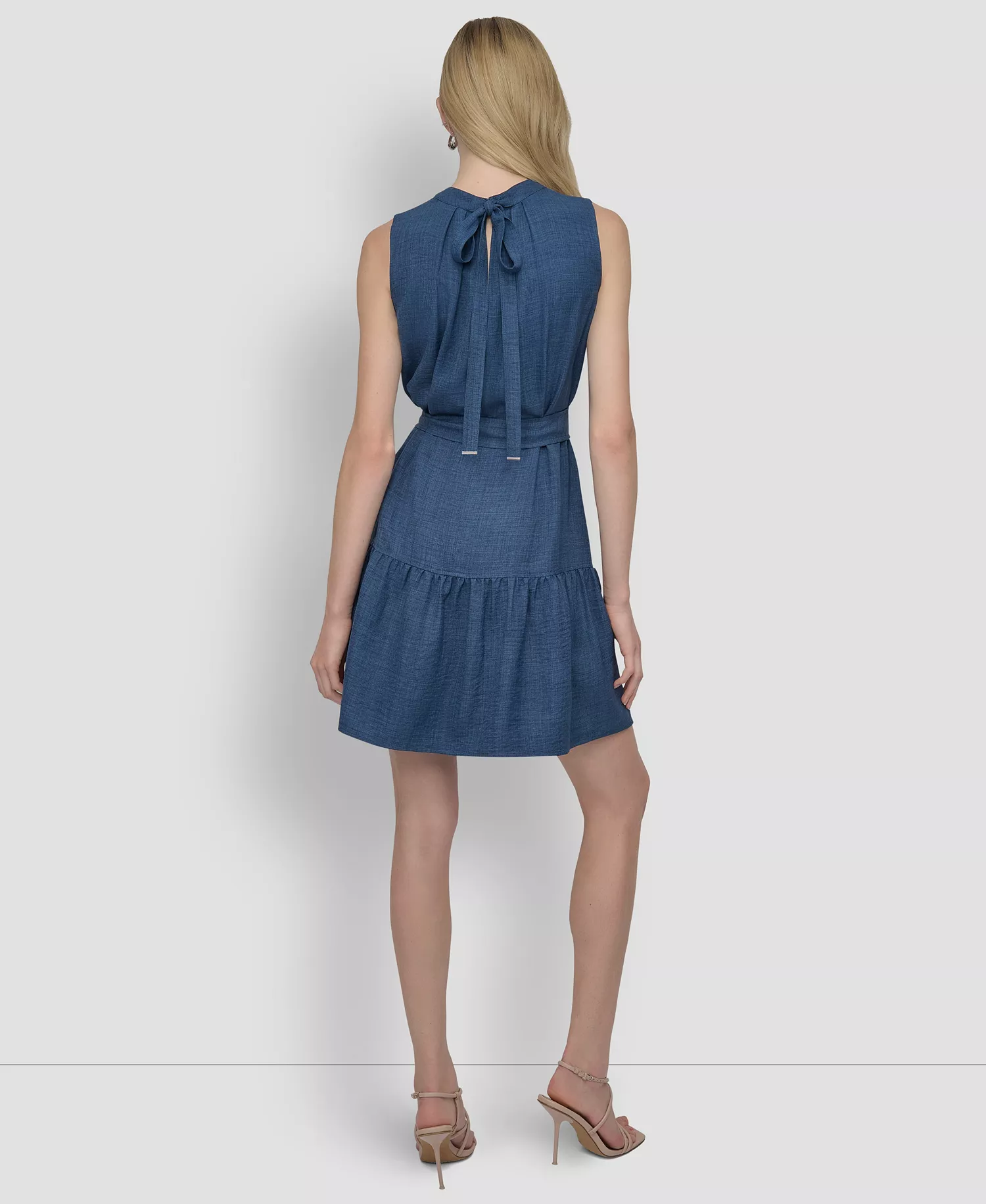 Women's Sleeveless Crew Neck Drop Waist Short Dress - Denim - 10