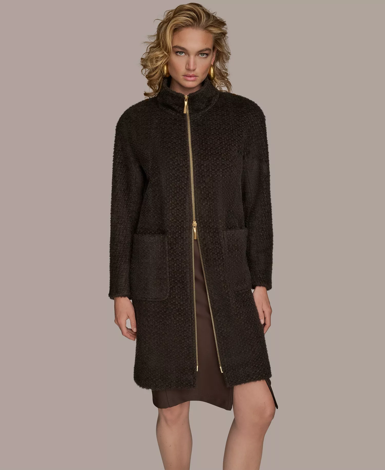 Women's Zip Front High Collared Coat - Chocolate - L