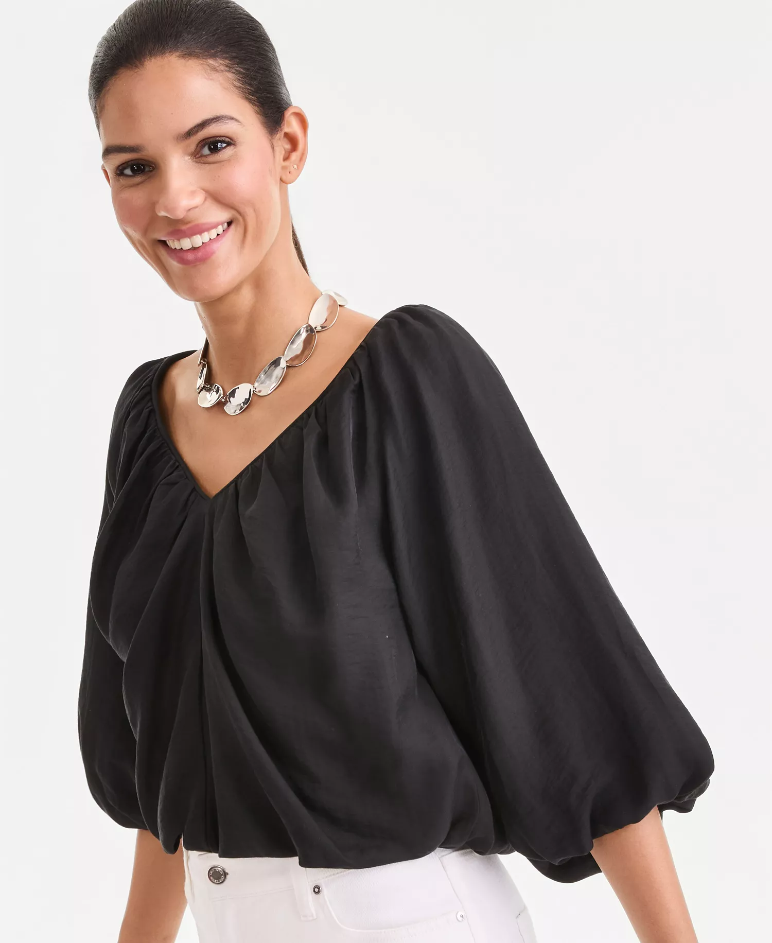 Women's 3/4 Sleeve Bubble-Hem Blouse, Macy's Exclusive - Deep Black - L