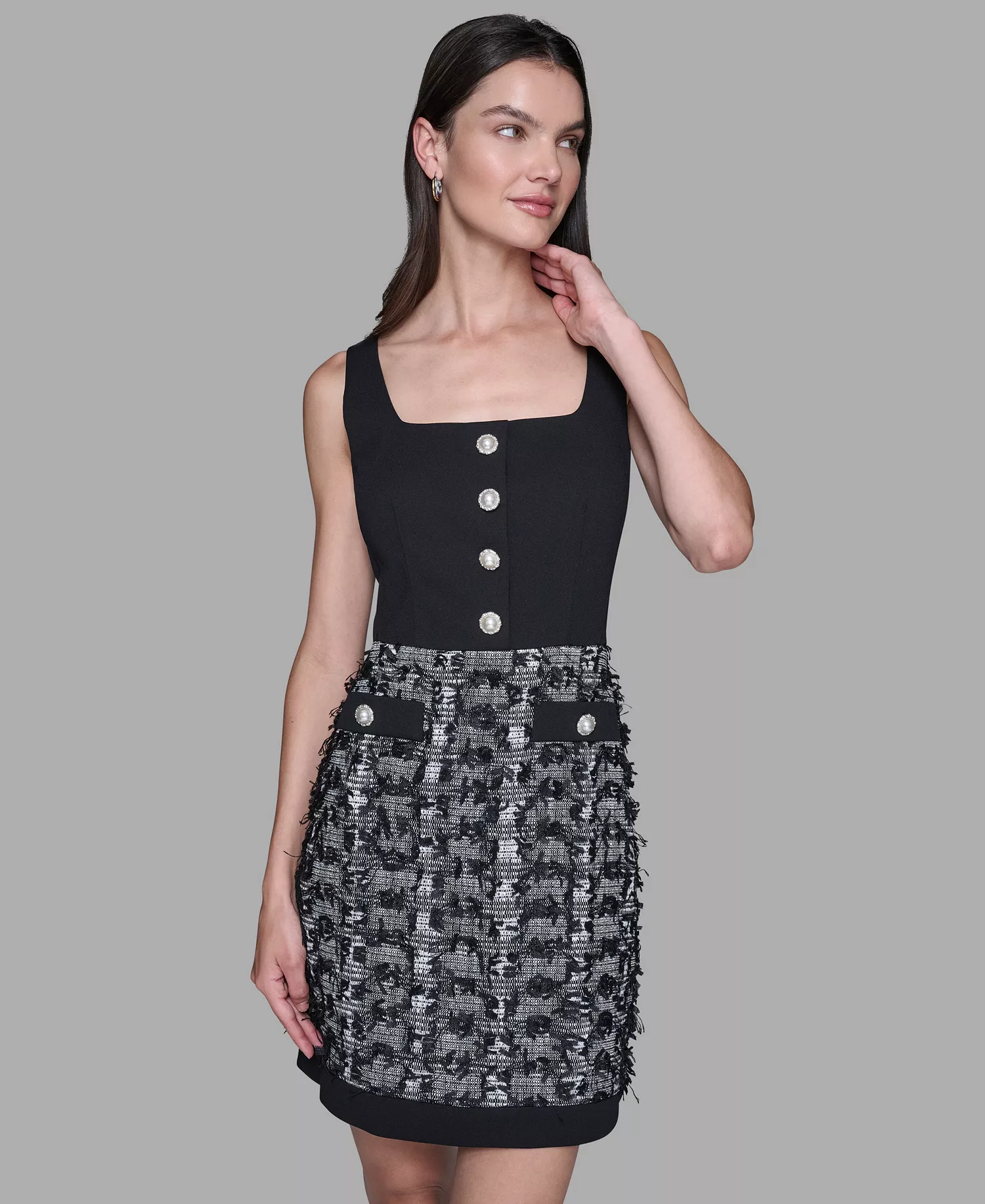 Women's Contrast Tweed and Knit Button Front A Line Dress - Black/ Soft White/ Black - 10