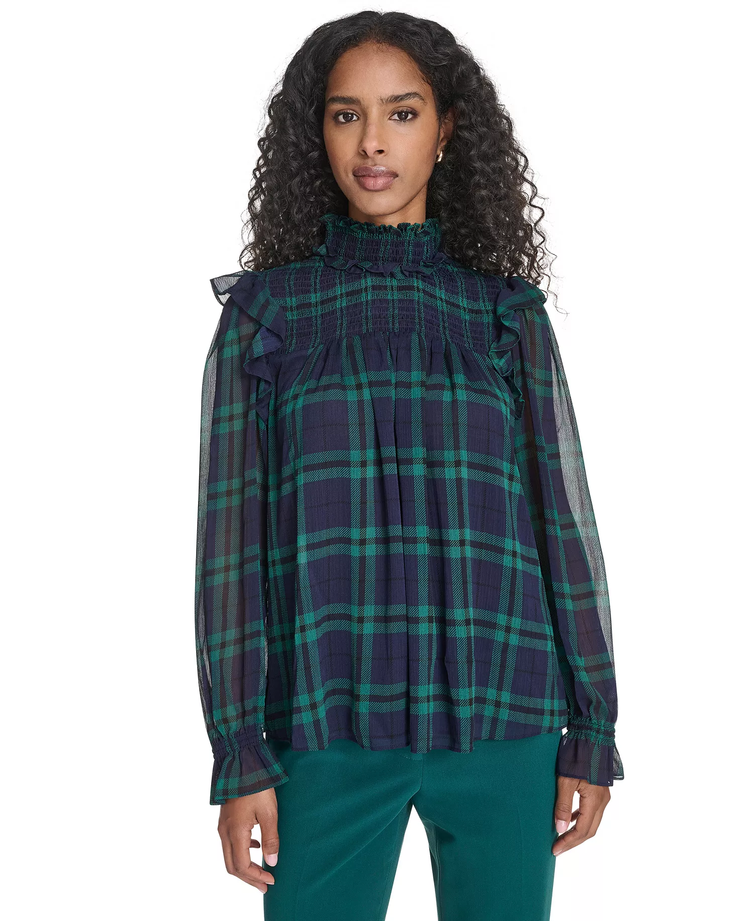 Women's Plaid Peasant Mock Neck Top - Midnight/ Evergreen - L