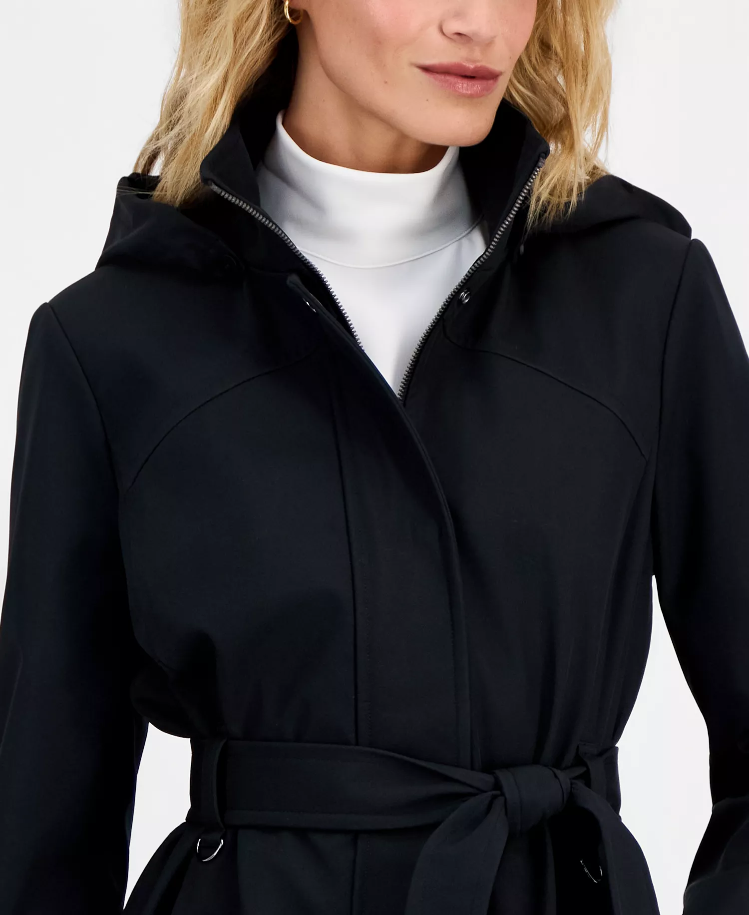 Women's Belted Hooded Zip-Front Raincoat - BLACK - L
