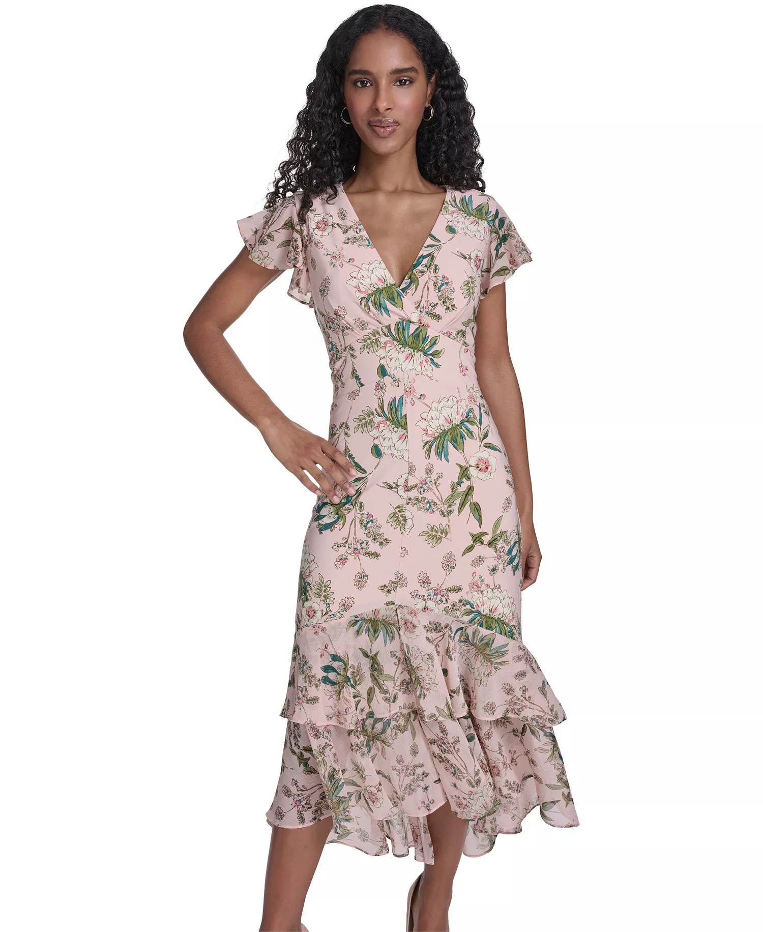 Women's Flutter Sleeve V-Neck Midi Dress - Powder Multi - 10