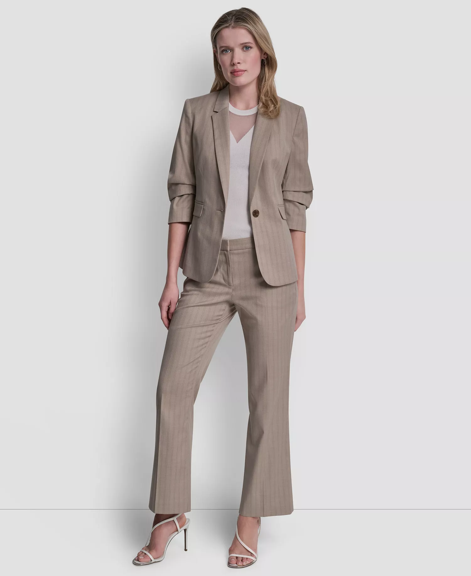Petite Ruched Sleeve Notch Collar Blazer and Pinstripe Modern Fashion Pants - Beige - 0P