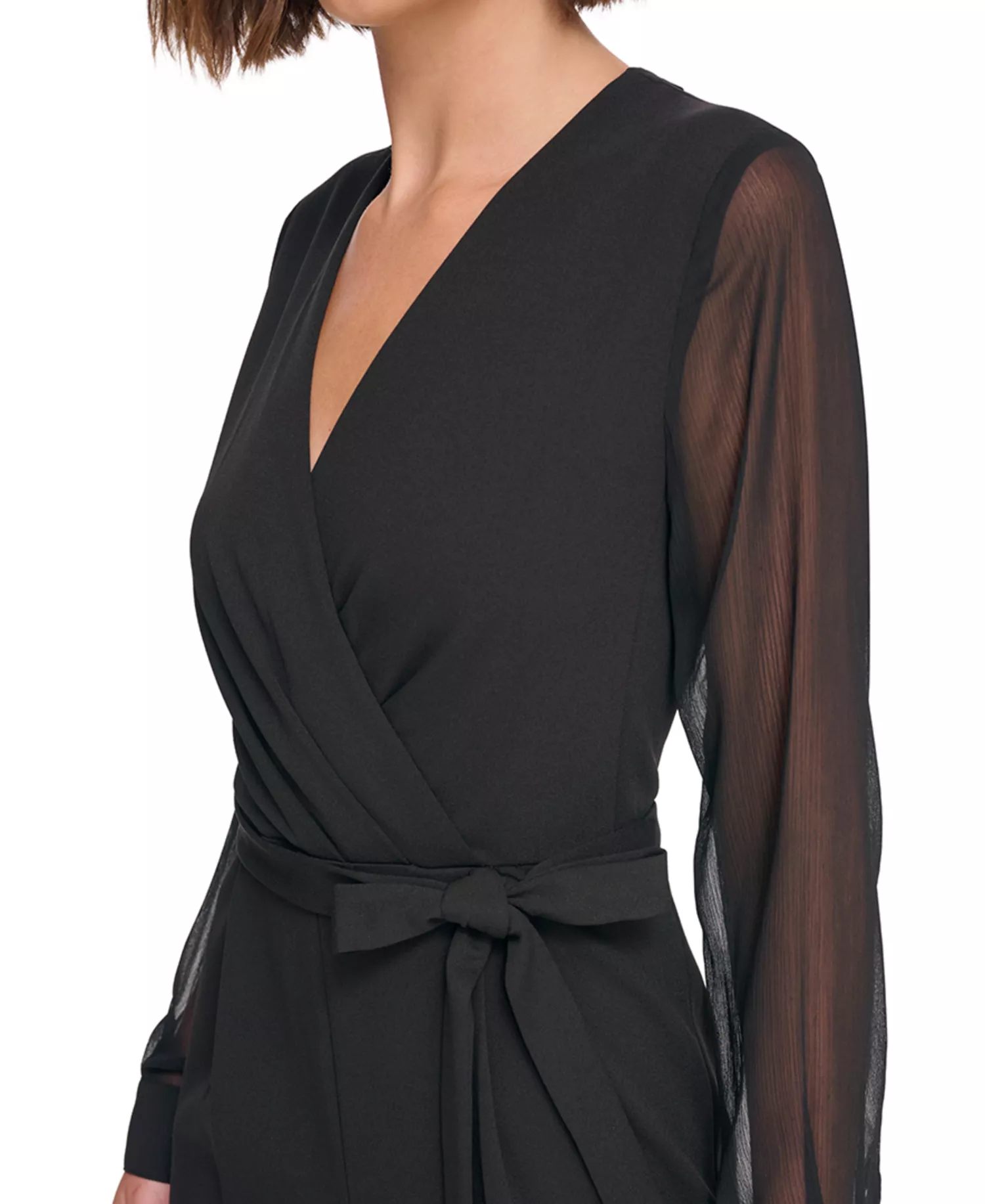 Women's Long-Chiffon-Sleeve Scuba Crepe Jumpsuit  - Black - 8