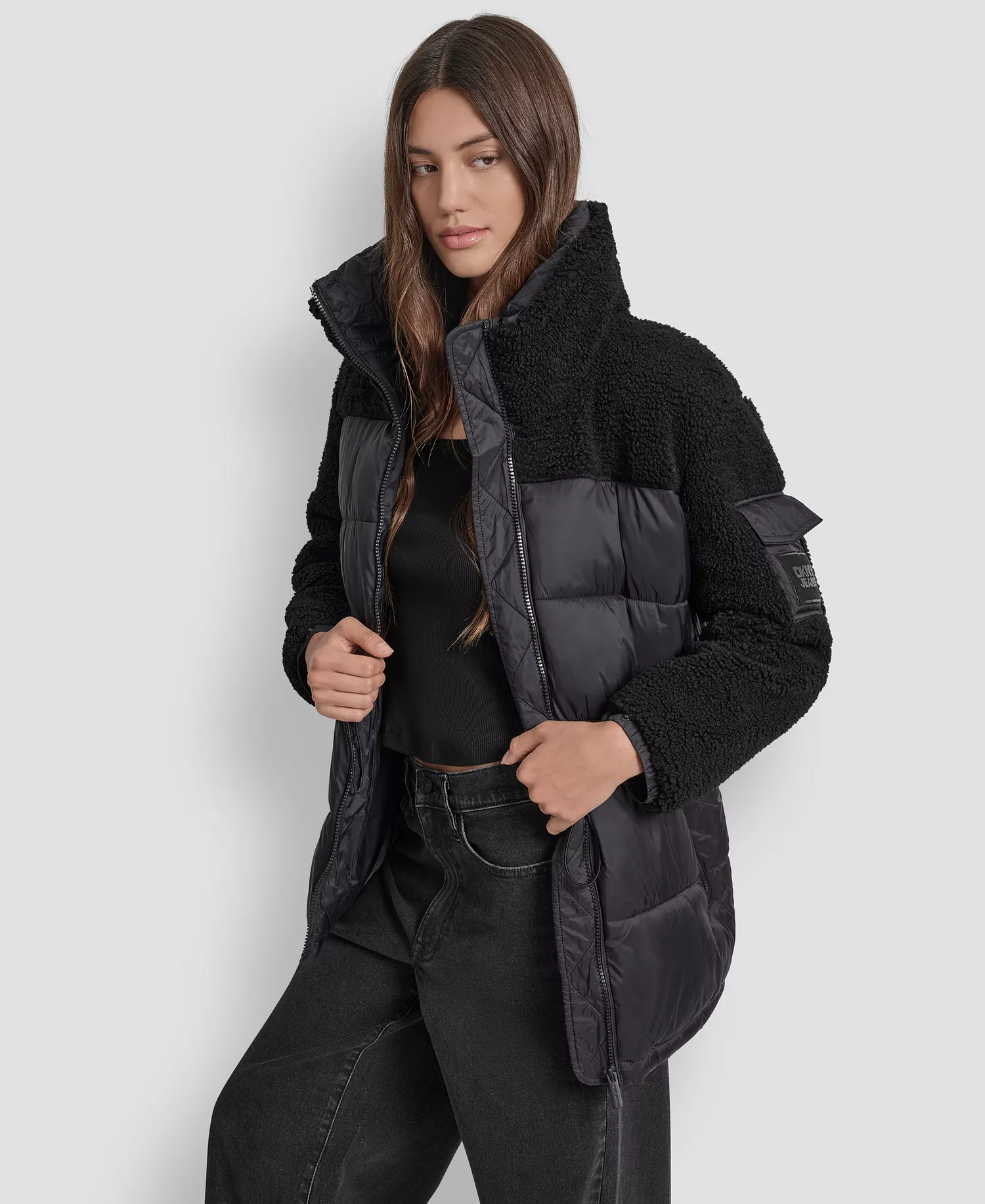 Women's Faux-Sherpa Puffer Mixed Coat - BLK - BLACK - L