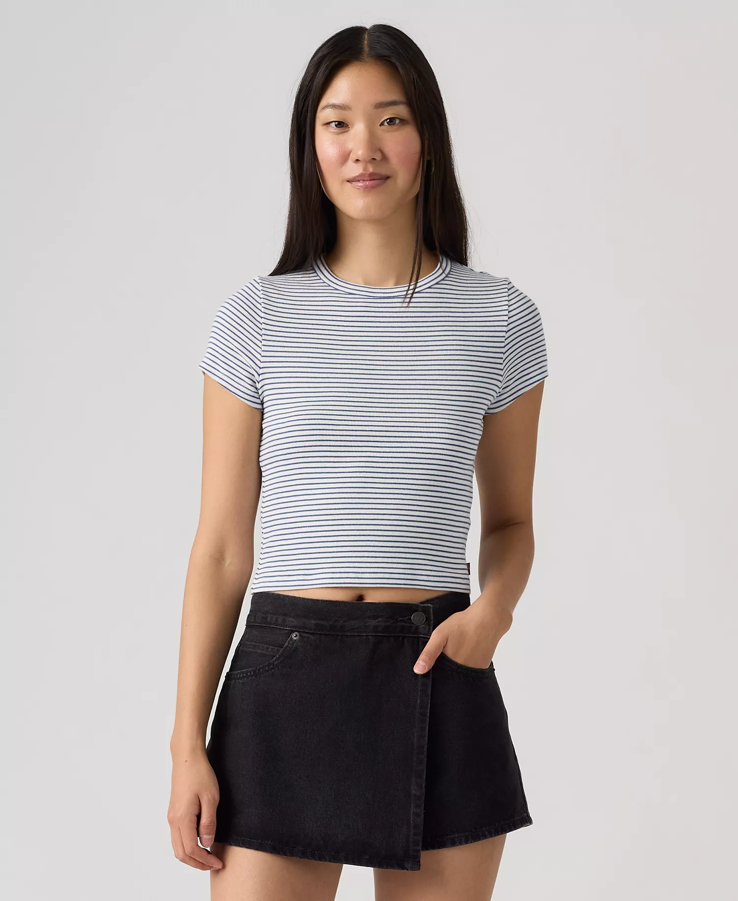 Women's Short-Sleeve Cropped Top - Ava Stripe Cloud Dancer Sunshine Blue - L